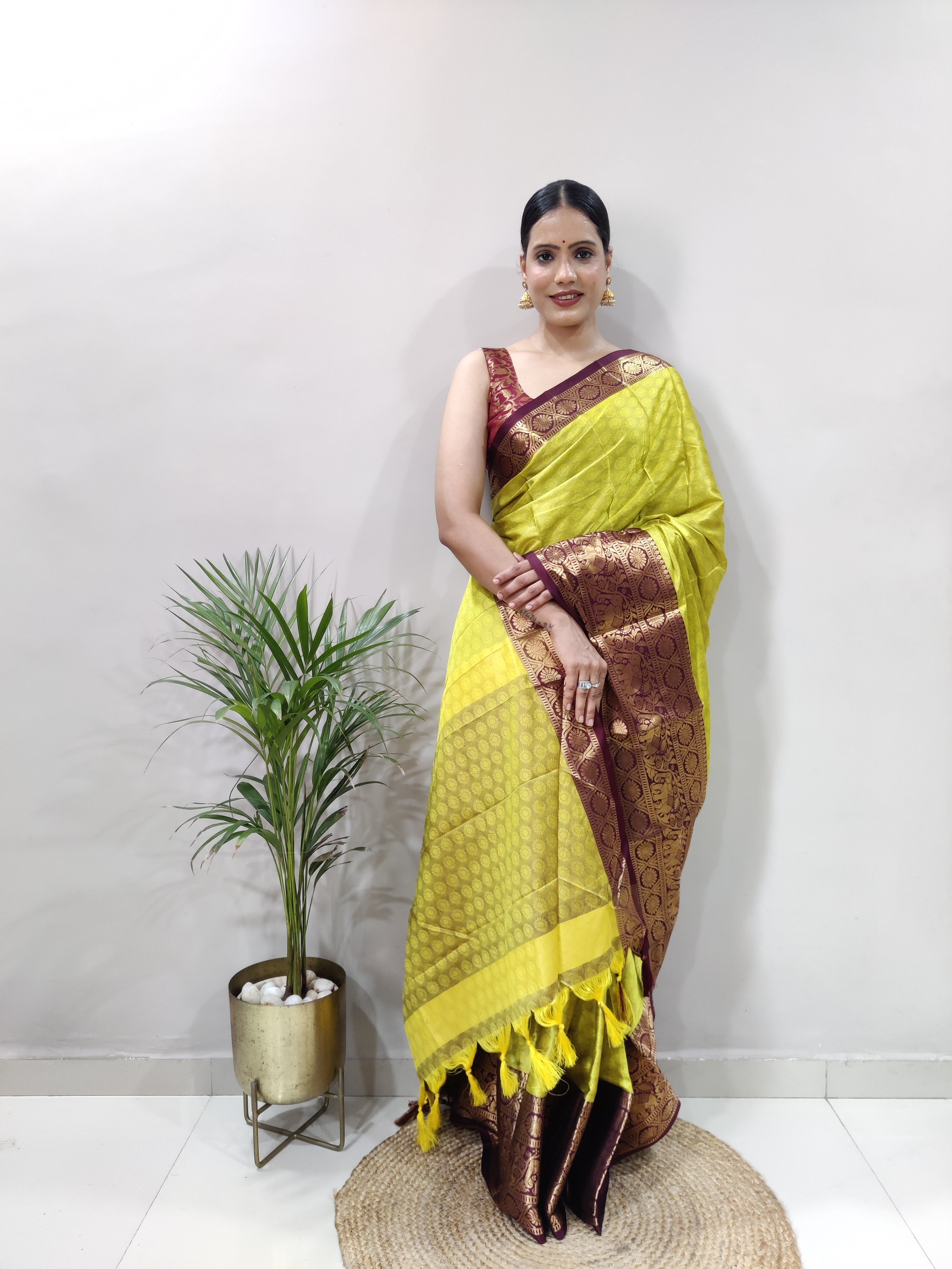 Lemon Brown Silver Copper Design Gajanan Pure Silk Saree