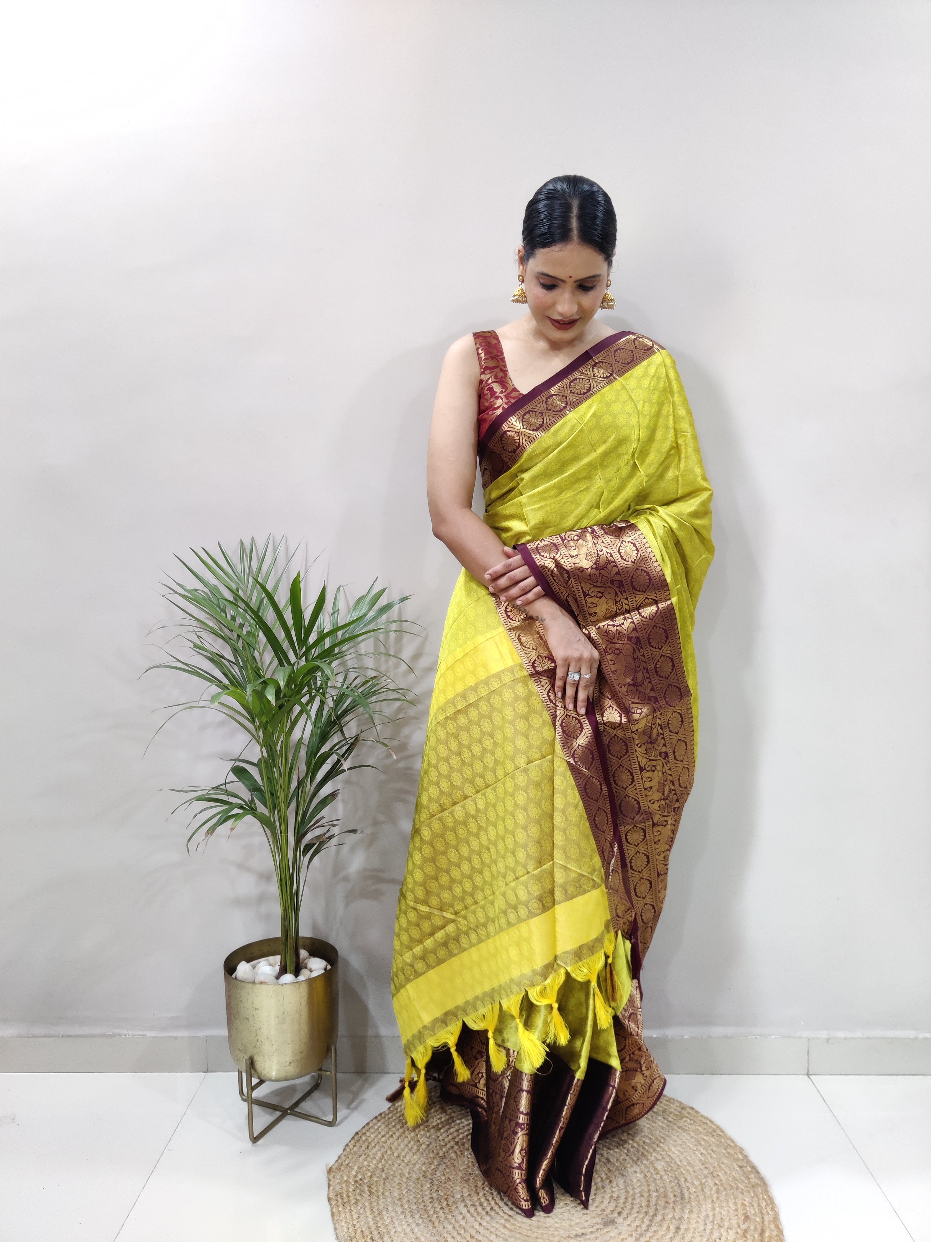 Lemon Brown Silver Copper Design Gajanan Pure Silk Saree