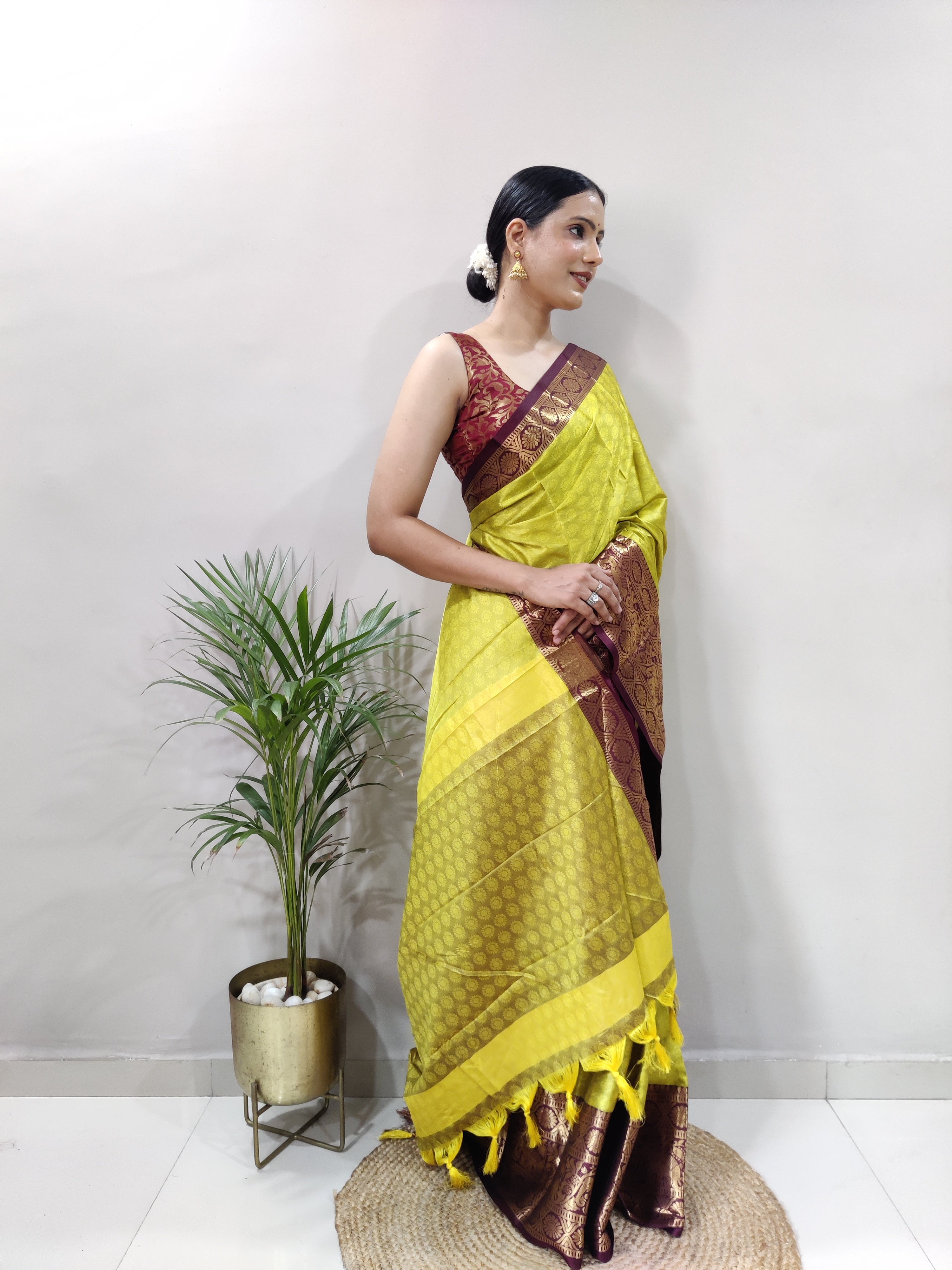 Lemon Brown Silver Copper Design Gajanan Pure Silk Saree