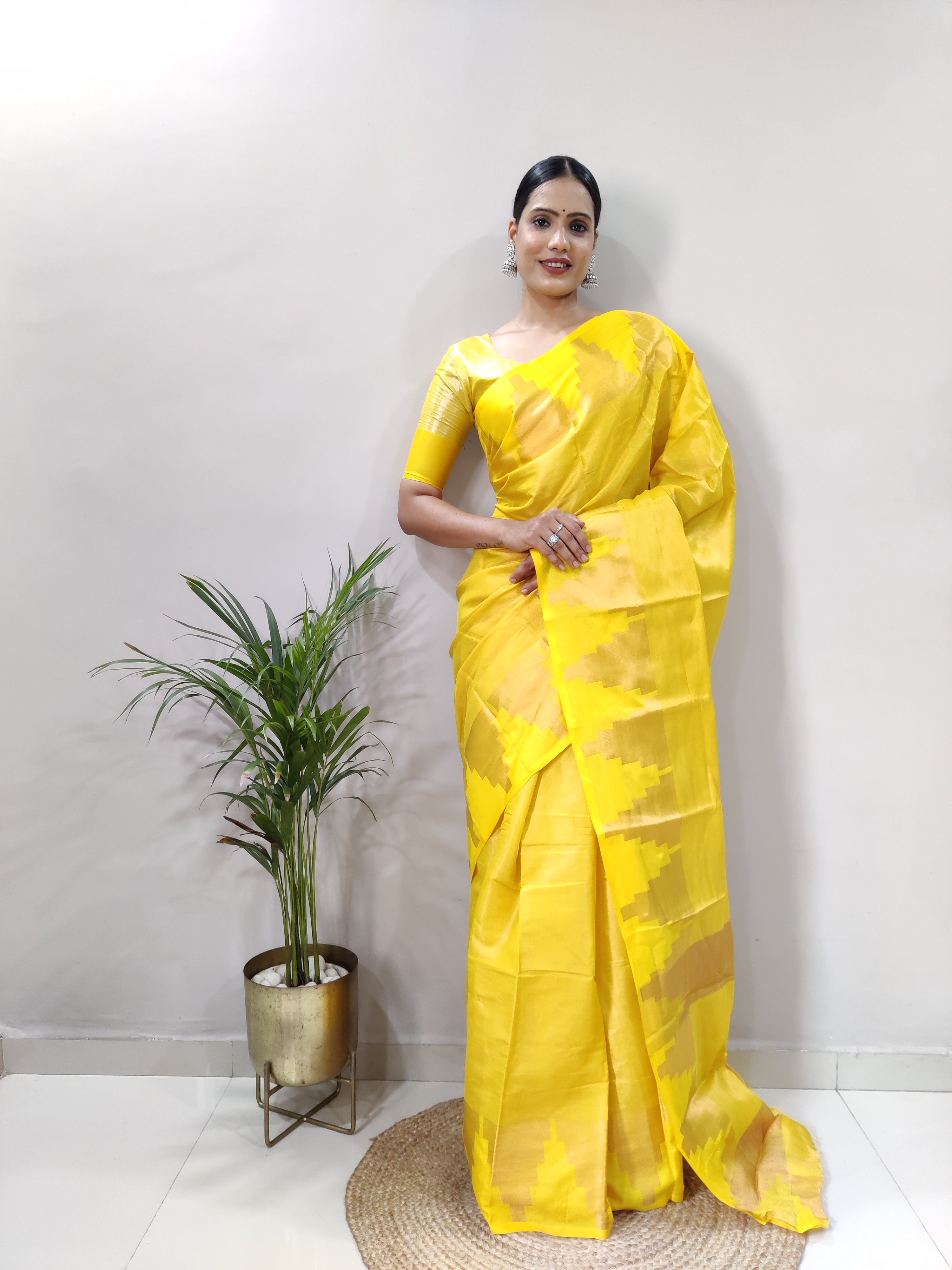 Yellow Copper Design Temple Pure Silk Saree