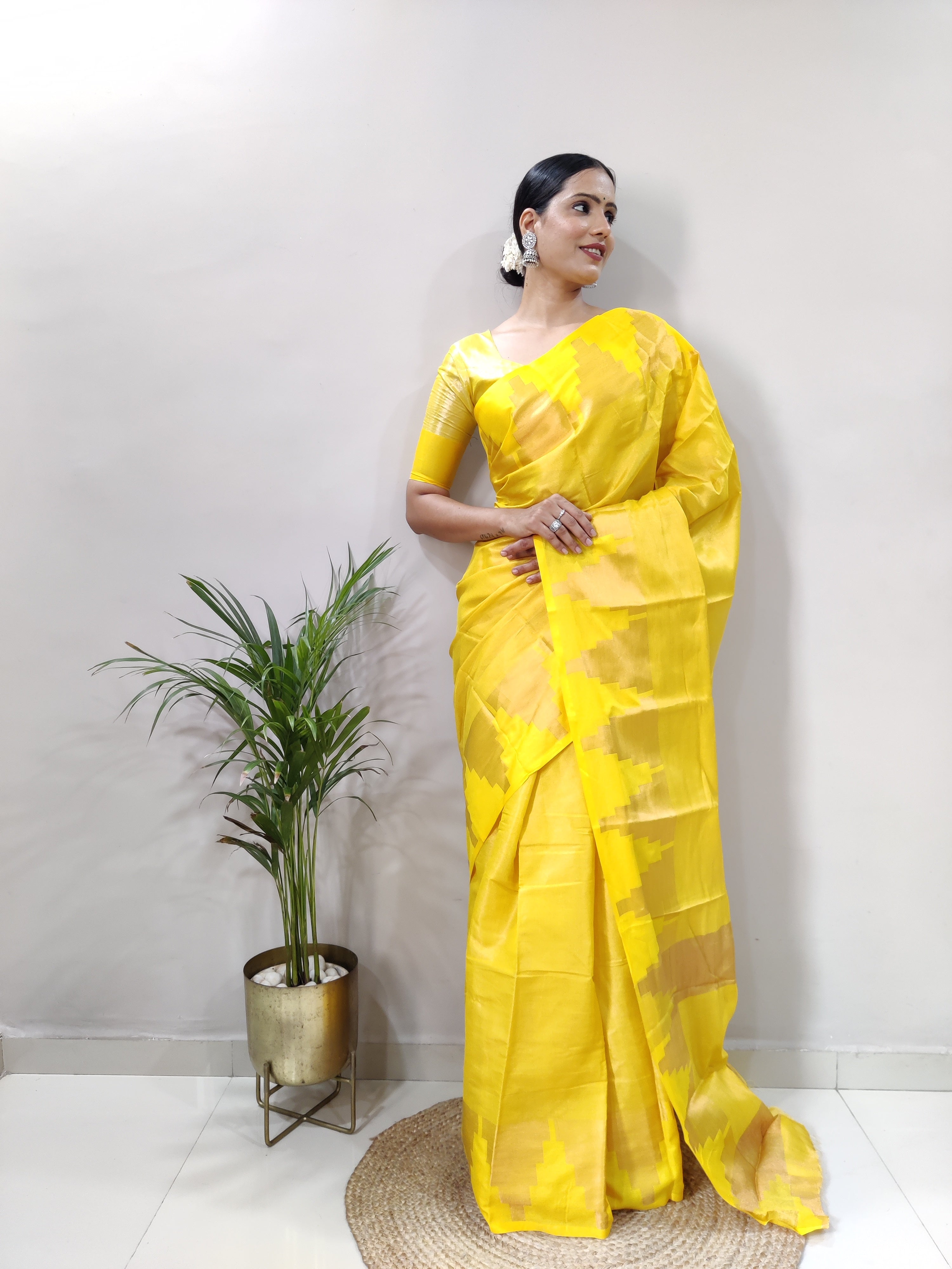 Yellow Copper Design Temple Pure Silk Saree