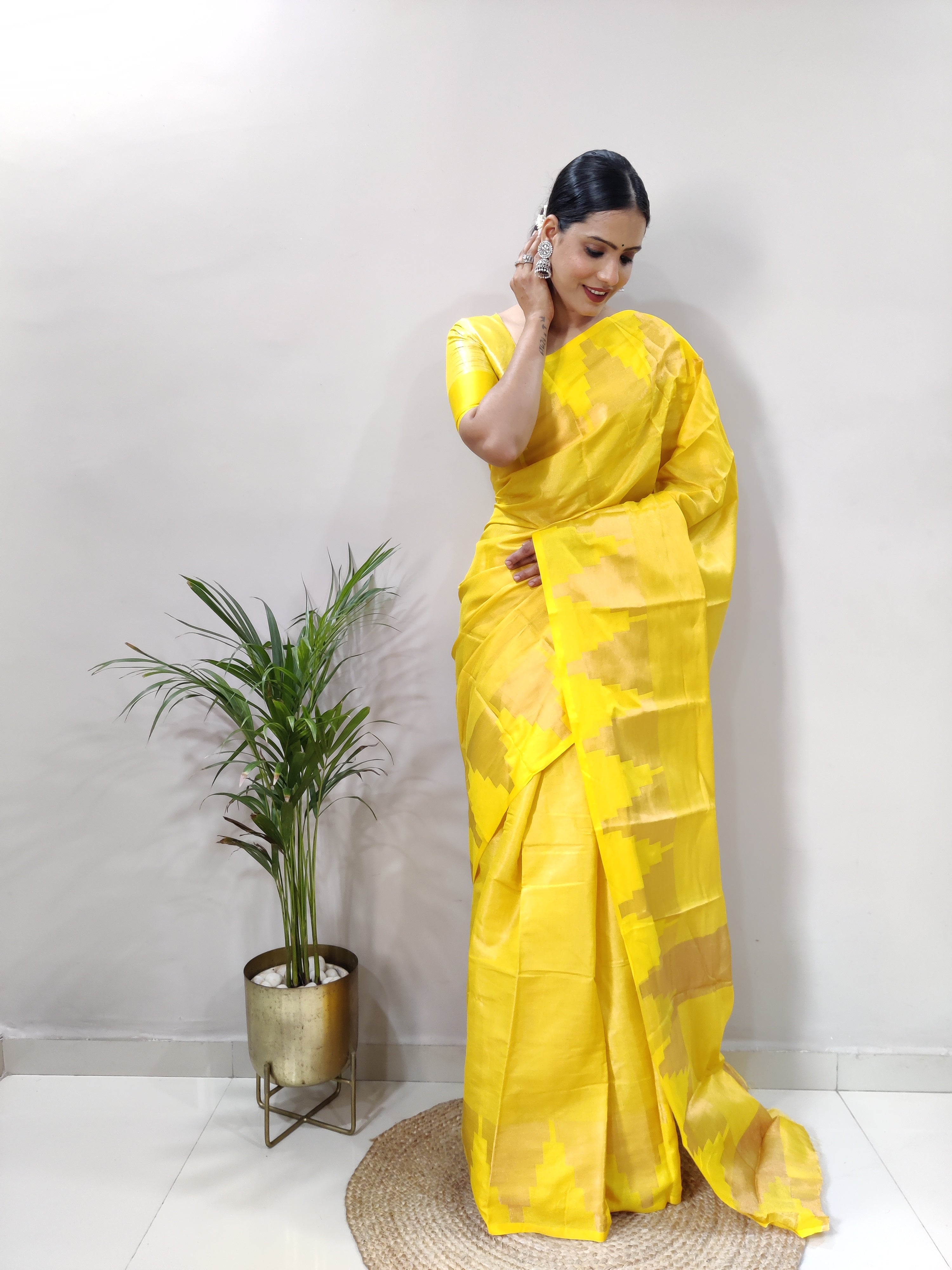 Yellow Copper Design Temple Pure Silk Saree