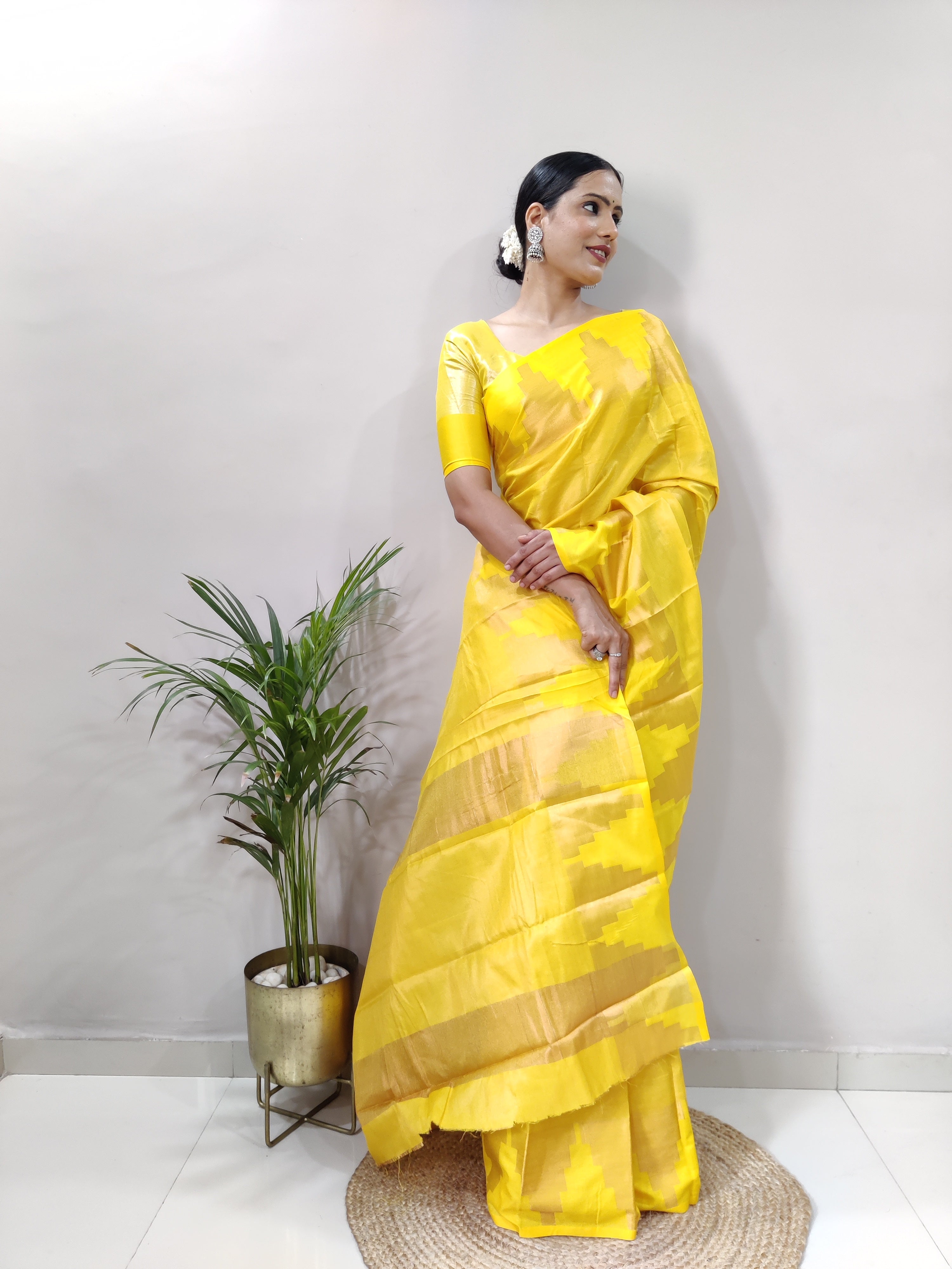 Yellow Copper Design Temple Pure Silk Saree