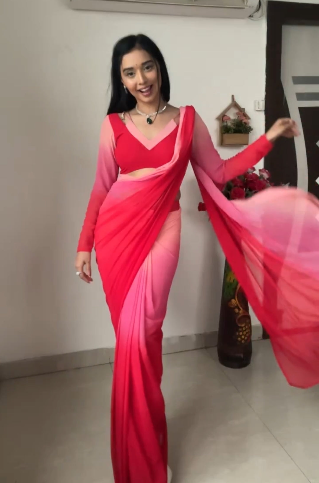 1-Minute Ready To Wear Red and Baby Pink Georgette Saree With Unstitched Blouse.