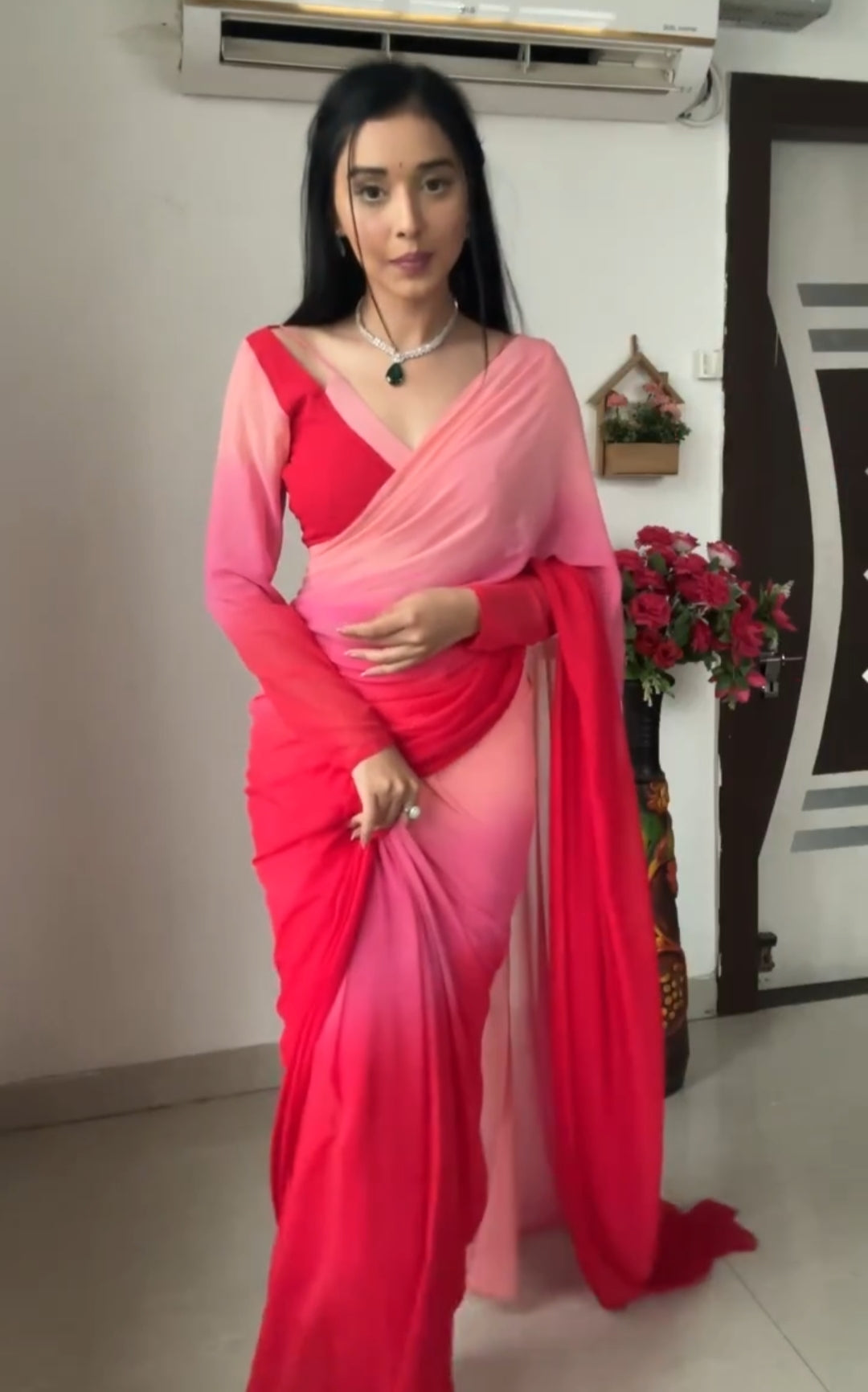 1-Minute Ready To Wear Red and Baby Pink Georgette Saree With Unstitched Blouse.