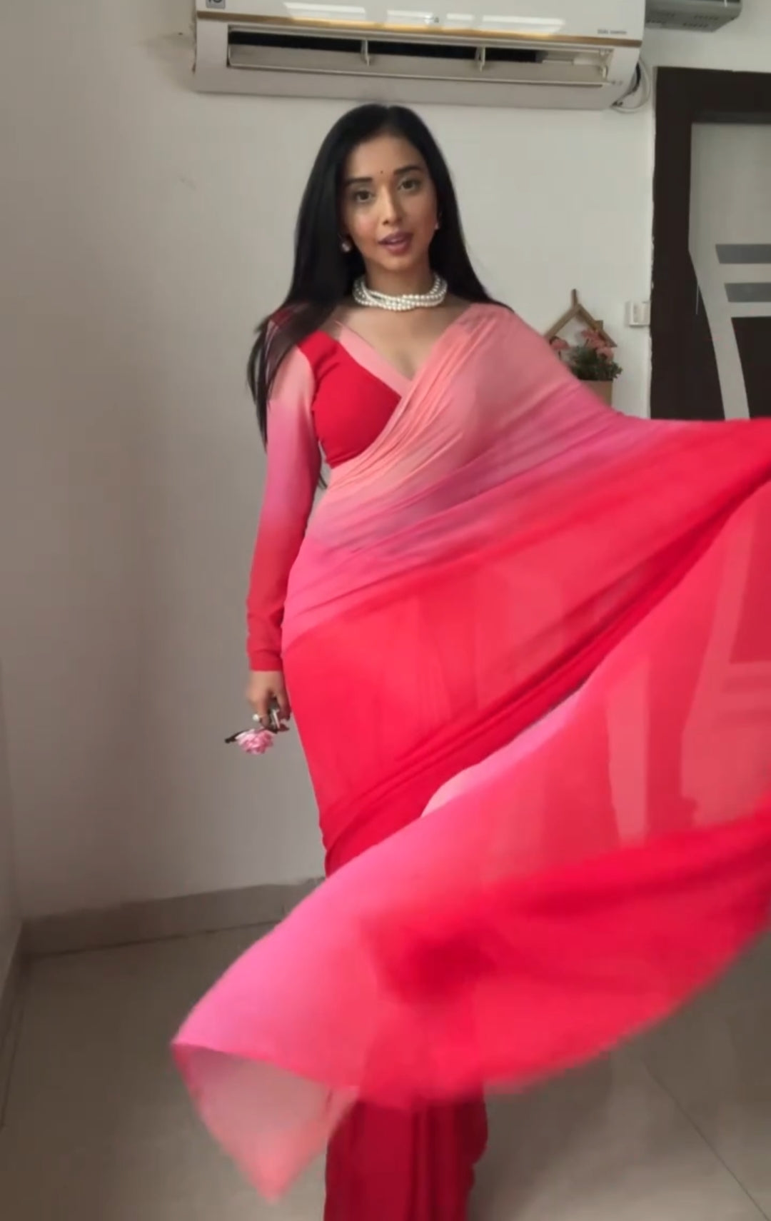 1-Minute Ready To Wear Red and Baby Pink Georgette Saree With Unstitched Blouse.