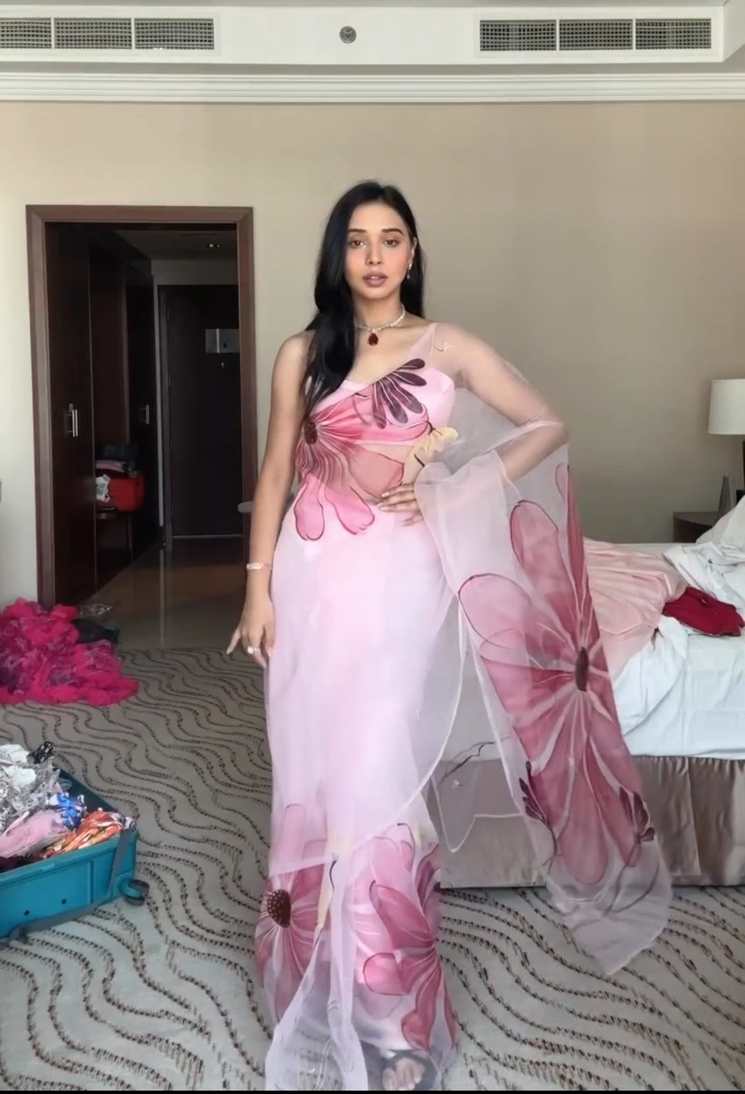 1-Minute Ready To Wear Baby Pink Organza Silk Saree With Unstitched Blouse.