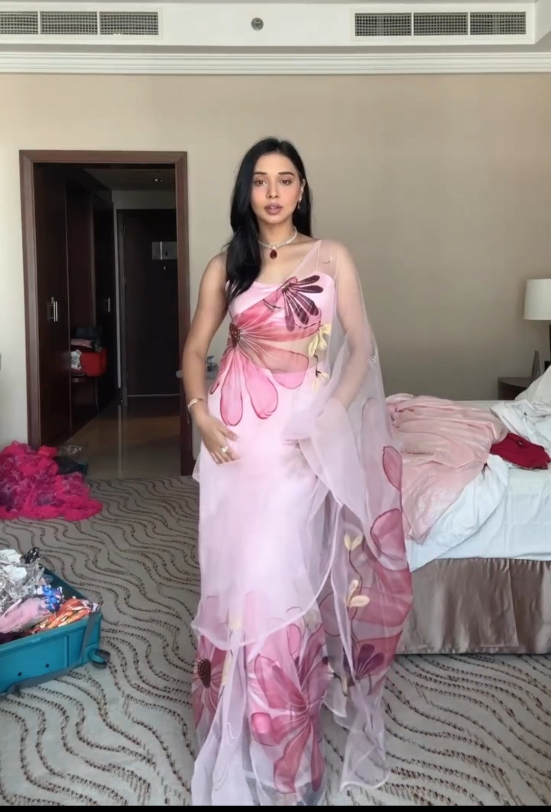 1-Minute Ready To Wear Baby Pink Organza Silk Saree With Unstitched Blouse.