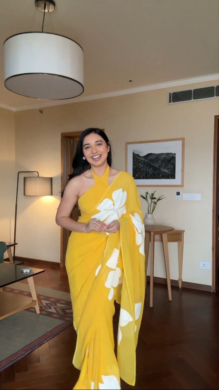 1-Minute Ready To Wear Yellow Georgette Saree With Unstitched Blouse.