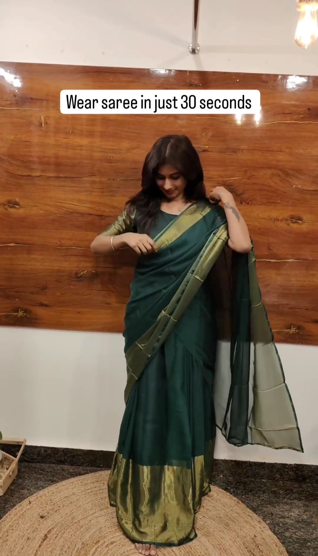 1-Minute Ready To Wear Pretty green colour Gown Saree With Ruffle Style Dupatta.