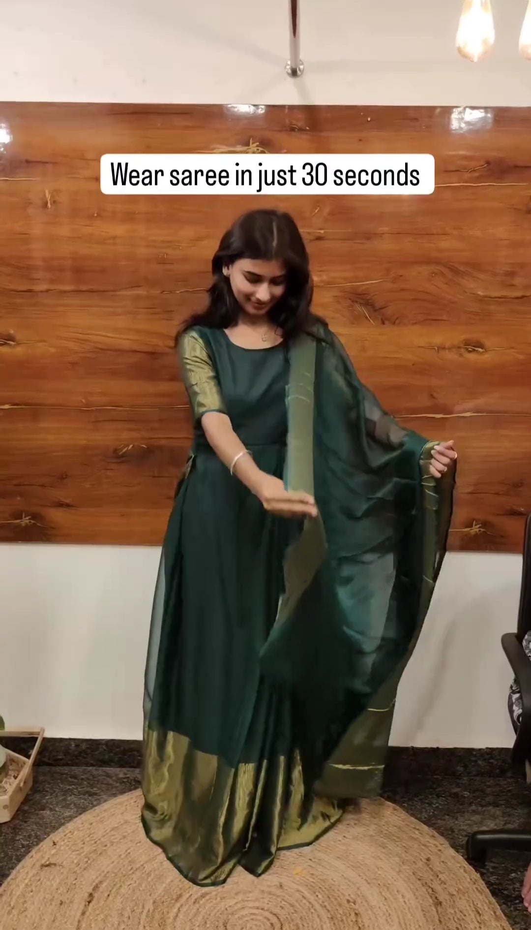 1-Minute Ready To Wear Pretty green colour Gown Saree With Ruffle Style Dupatta.