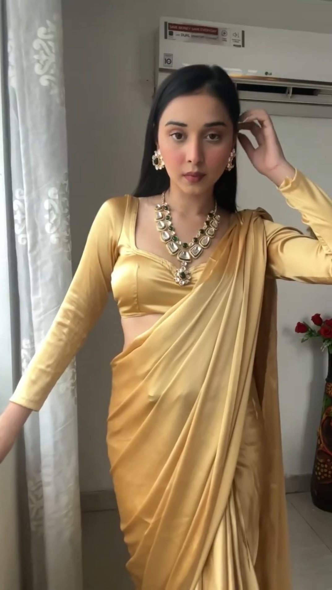 1-Minute Ready To Wear Beige Satin Silk Saree with unstitched blouse.