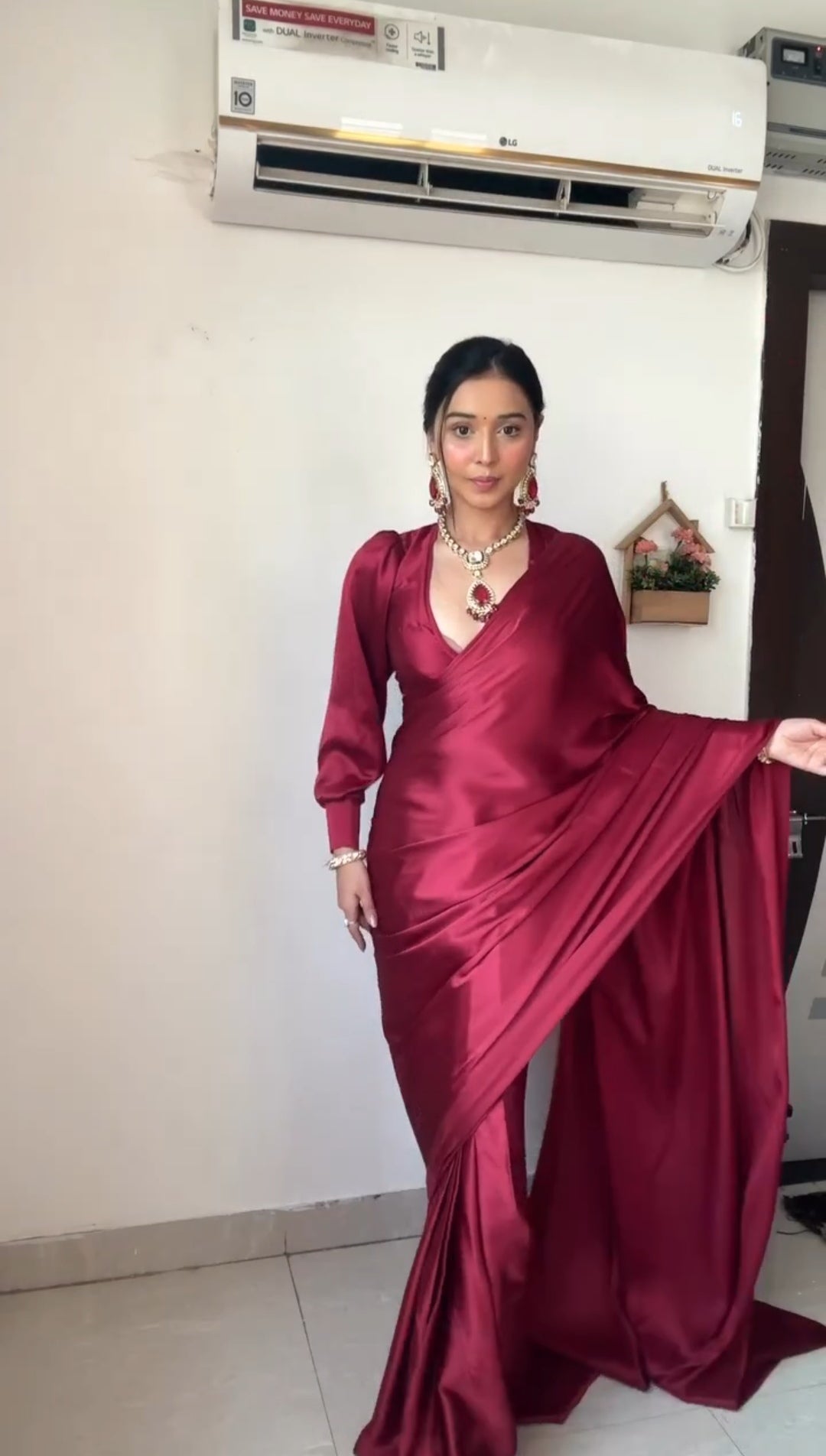 1-Minute Ready To Wear pink Satin Silk Saree With Unstitch Blouse.