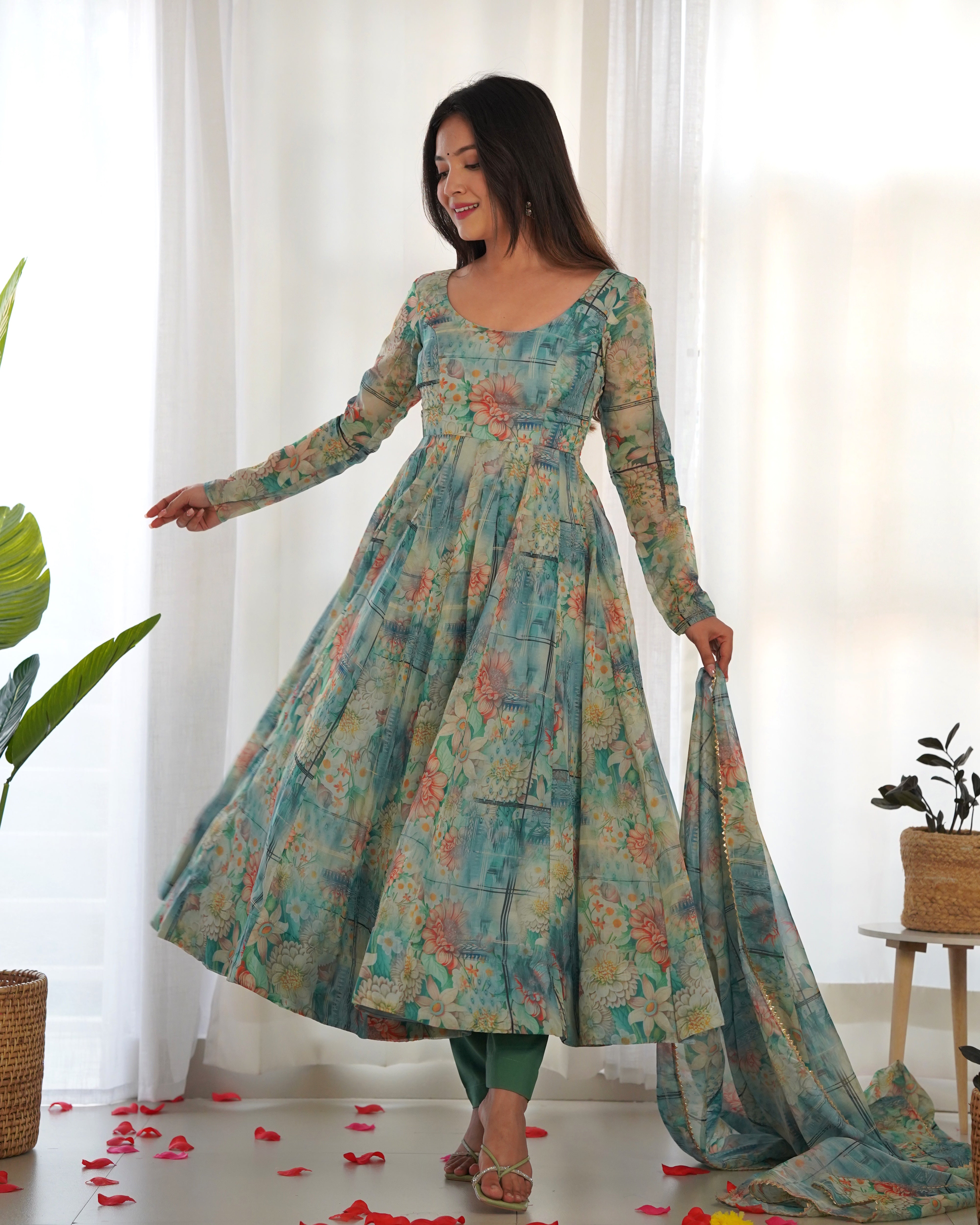 Fully Stitched Ready To Wear Pure Soft Organza Silk Fabric Print Fully Flair Anarkali Gown Set.