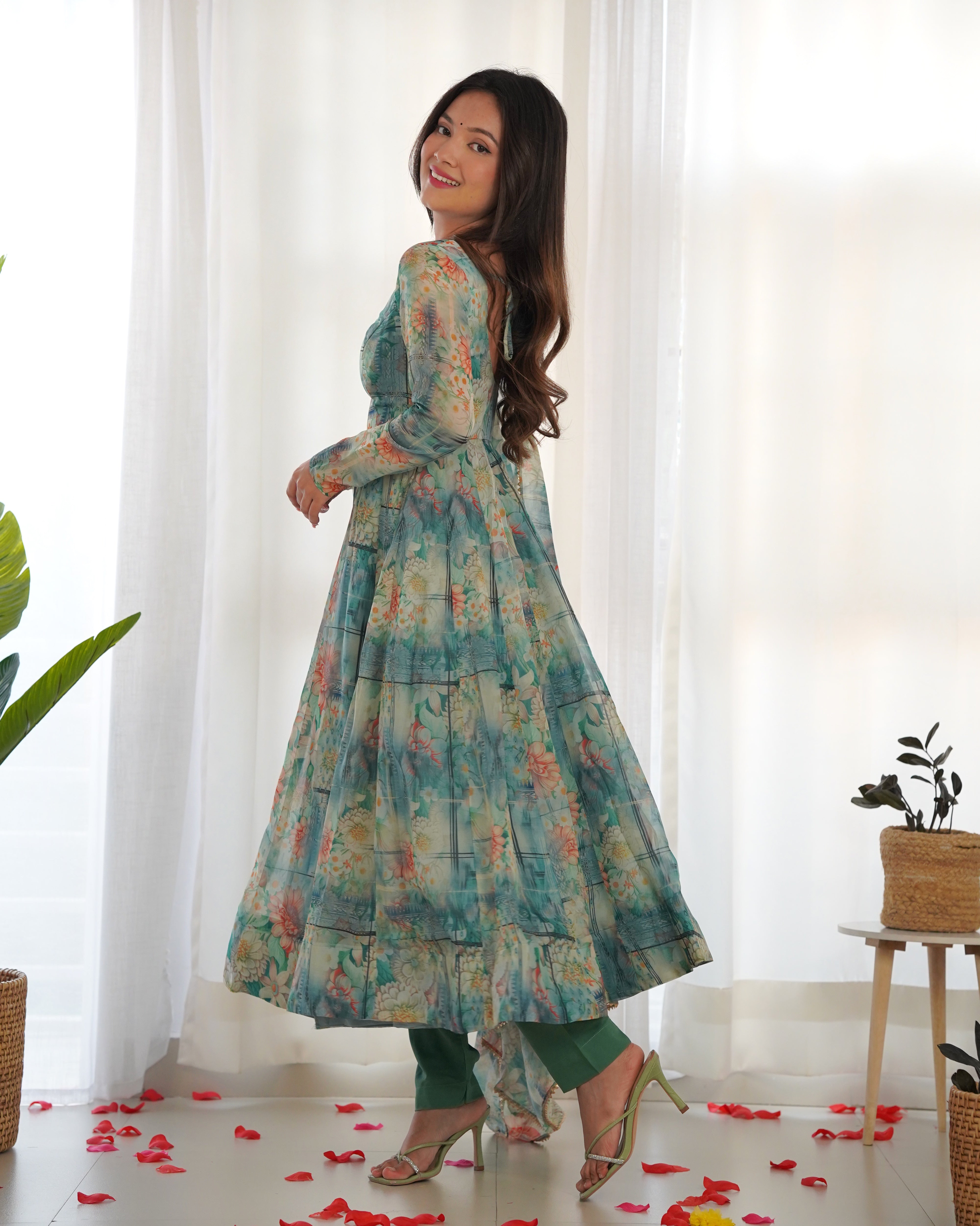 Fully Stitched Ready To Wear Pure Soft Organza Silk Fabric Print Fully Flair Anarkali Gown Set.