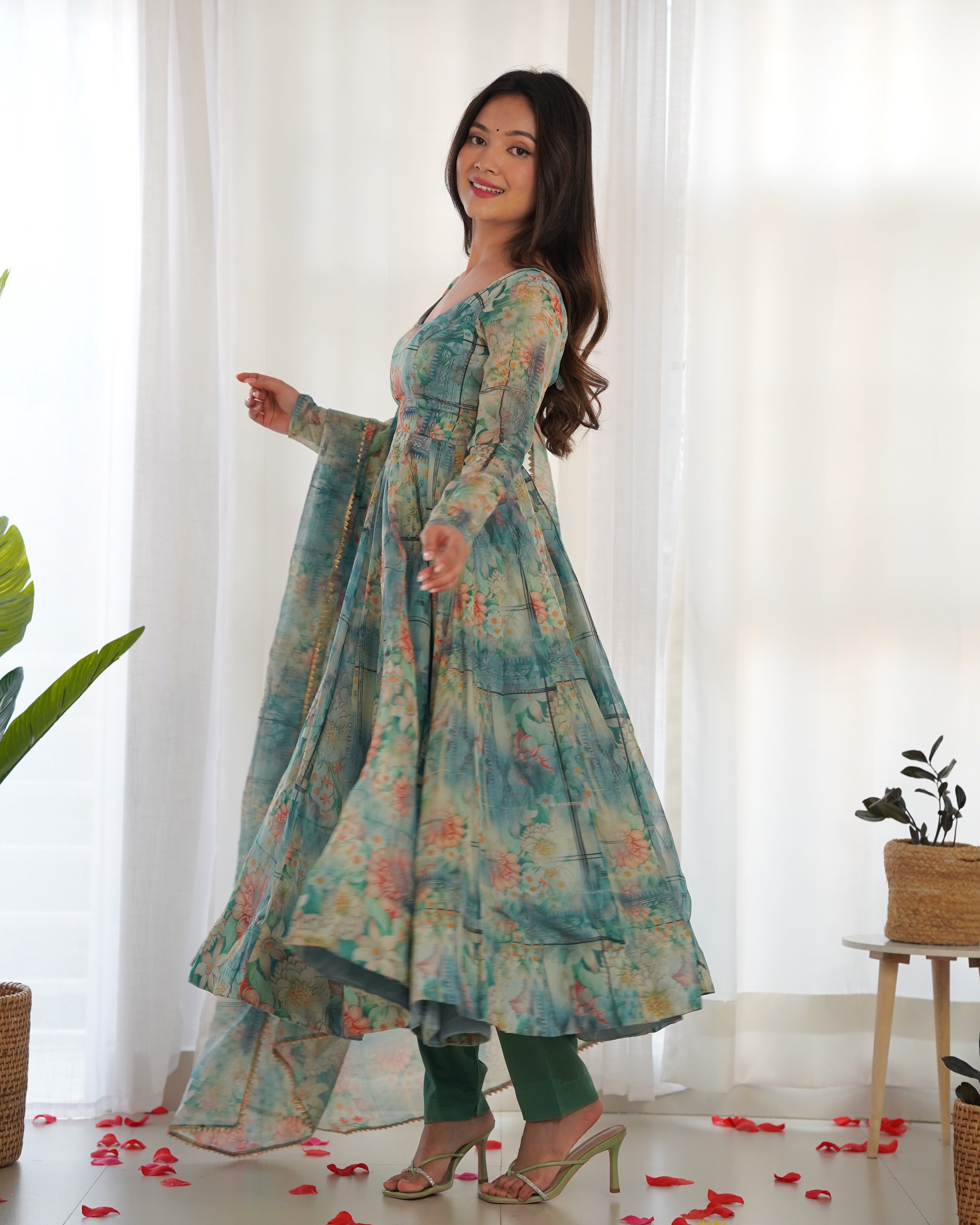 Fully Stitched Ready To Wear Pure Soft Organza Silk Fabric Print Fully Flair Anarkali Gown Set.