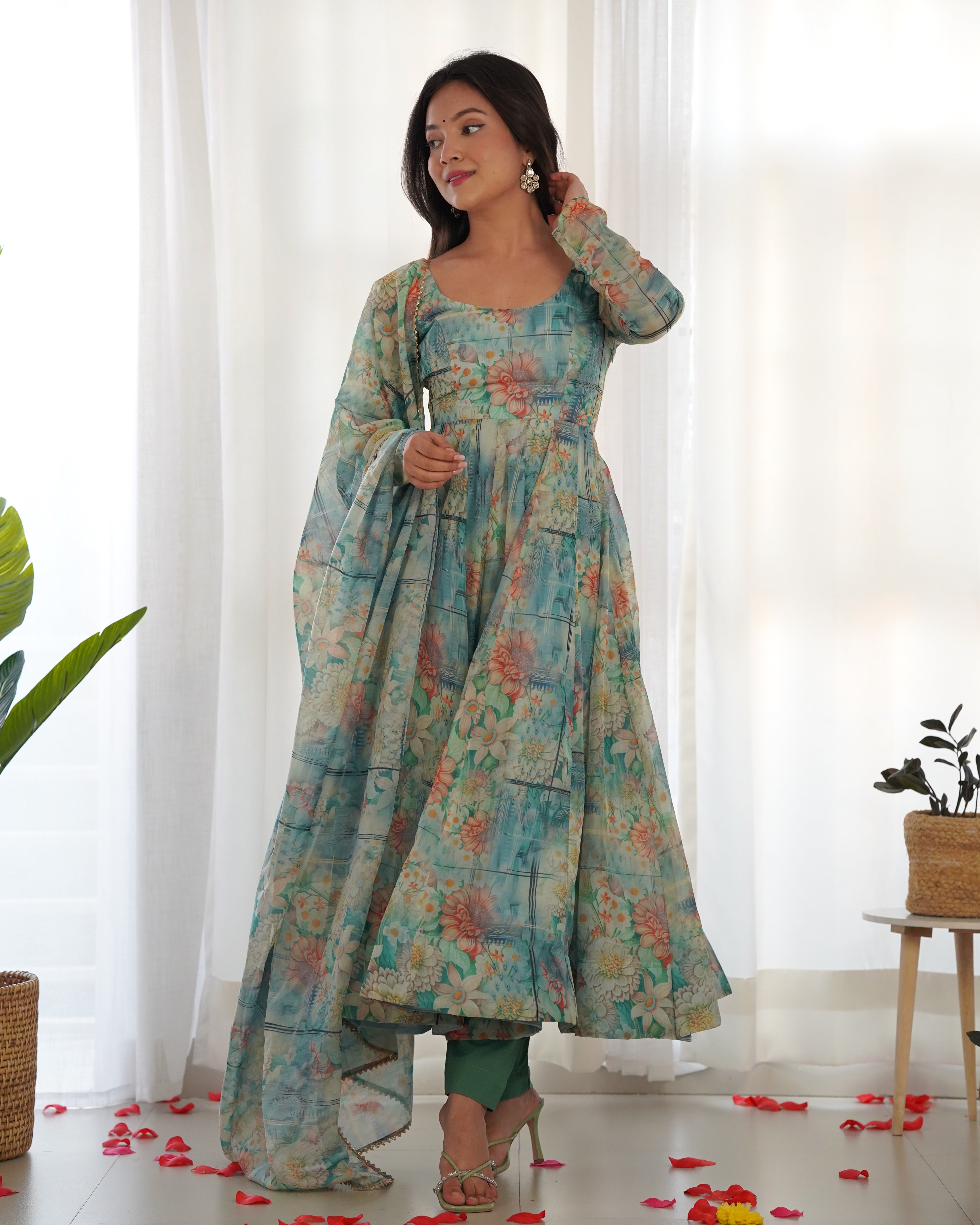 Fully Stitched Ready To Wear Pure Soft Organza Silk Fabric Print Fully Flair Anarkali Gown Set.