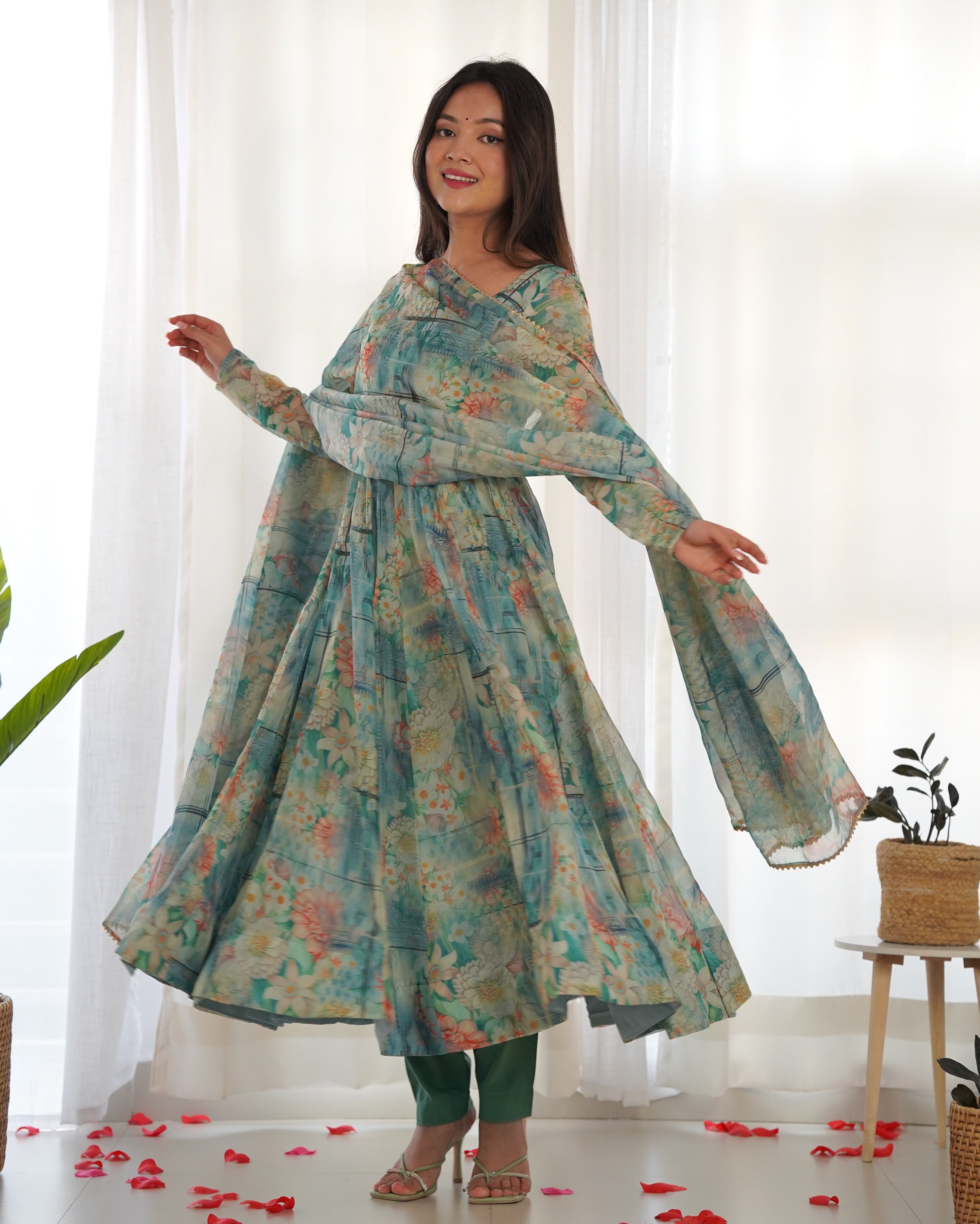 Fully Stitched Ready To Wear Pure Soft Organza Silk Fabric Print Fully Flair Anarkali Gown Set.