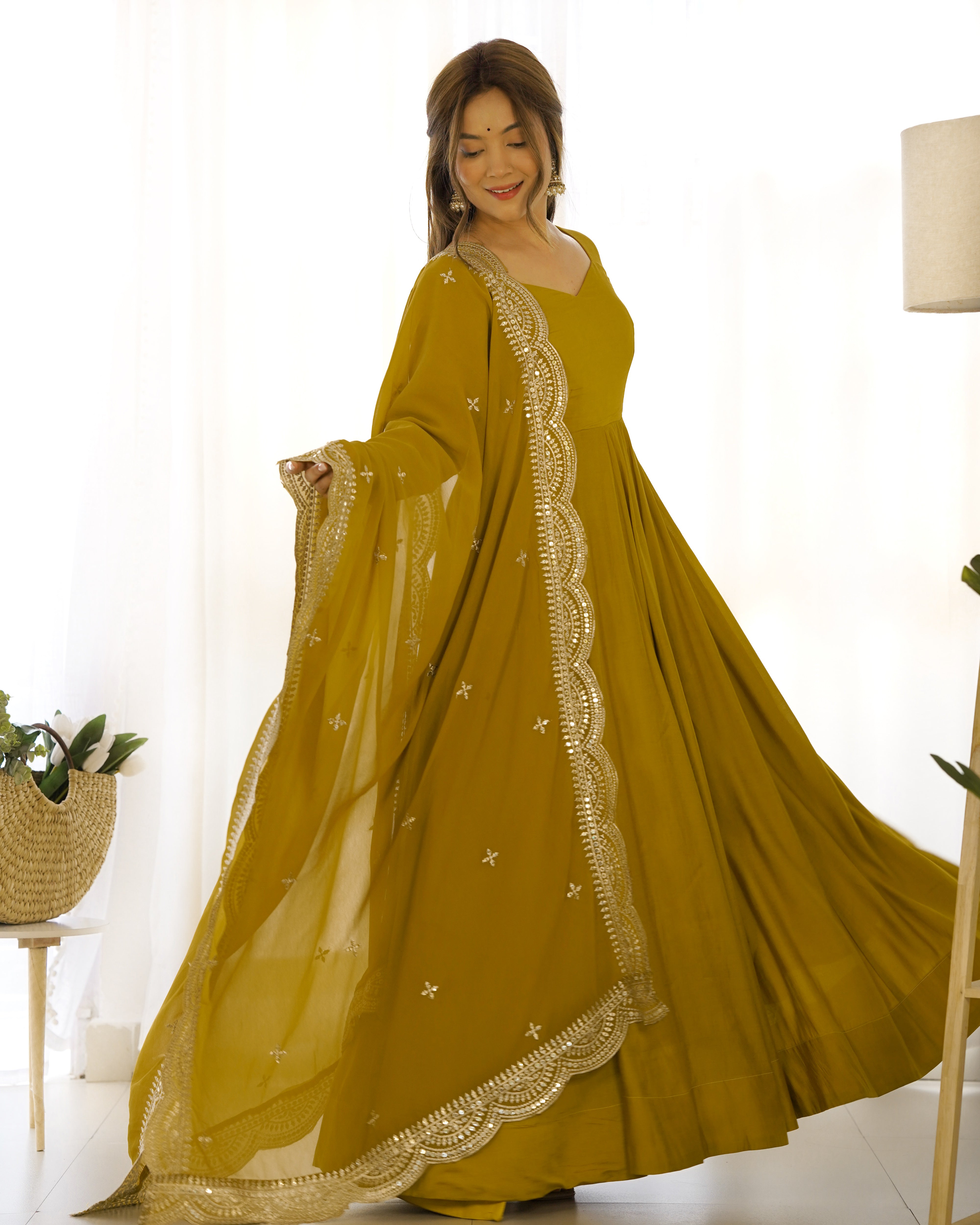 MUSTURD-Fully Stitched Ready To Wear Premium Quality Pure Romansilk Chanderi Print Fabric Fully Flair Anarkali Gown.