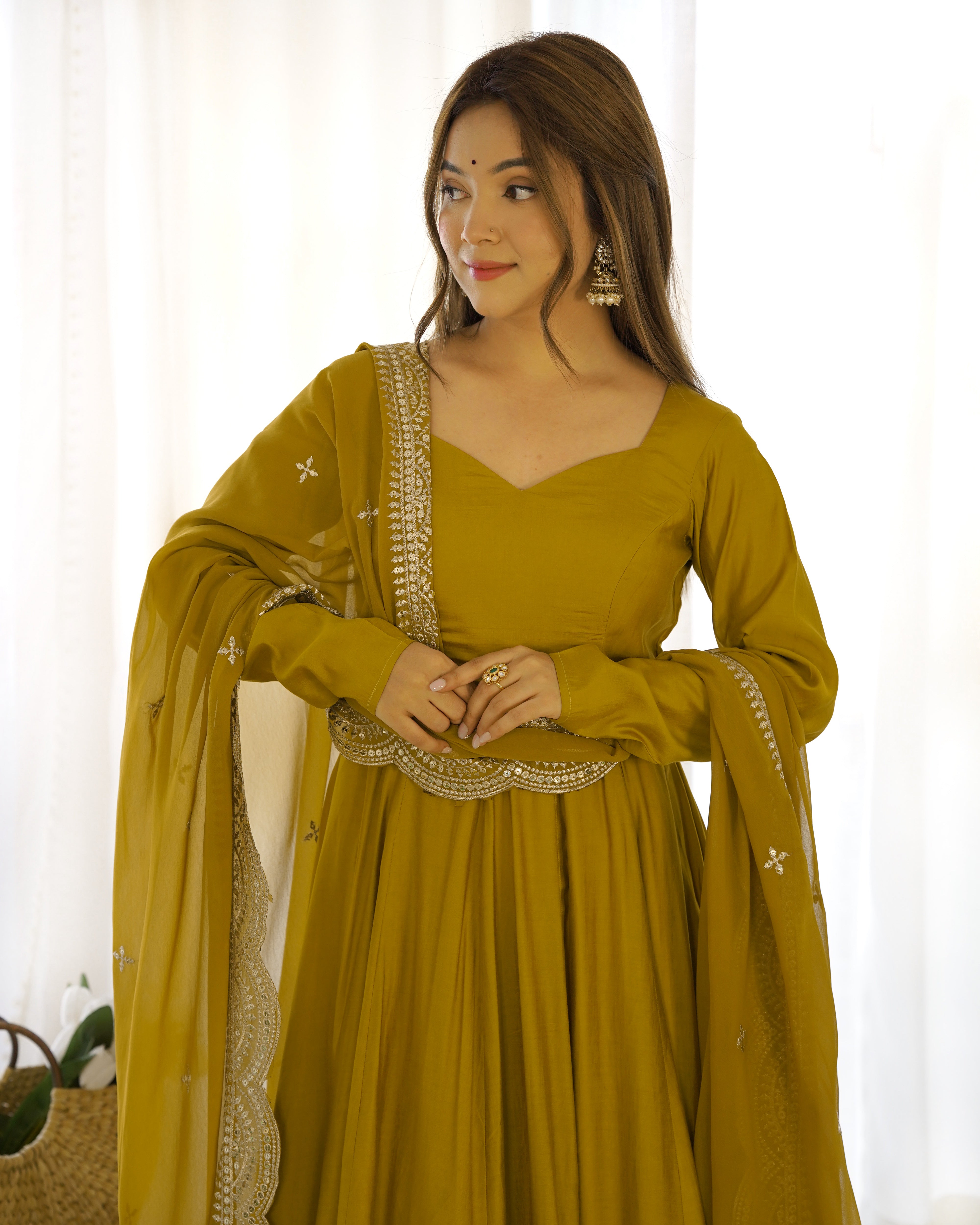 MUSTURD-Fully Stitched Ready To Wear Premium Quality Pure Romansilk Chanderi Print Fabric Fully Flair Anarkali Gown.