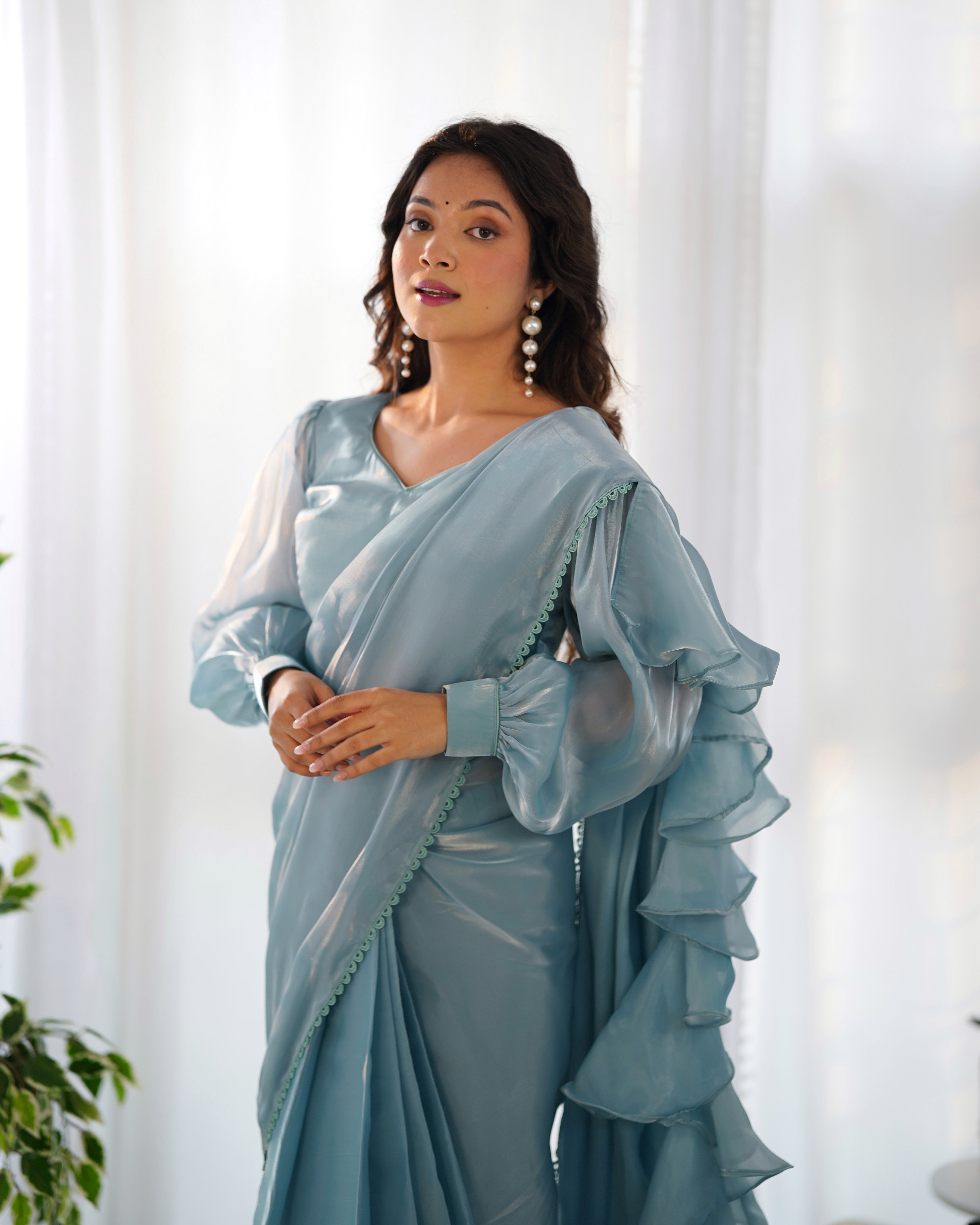 1-Minute Ready To Wear Sky Premium Quality Jimmy Choo Fabric Organza Silk Ruffle Saree With stitched Blouse.