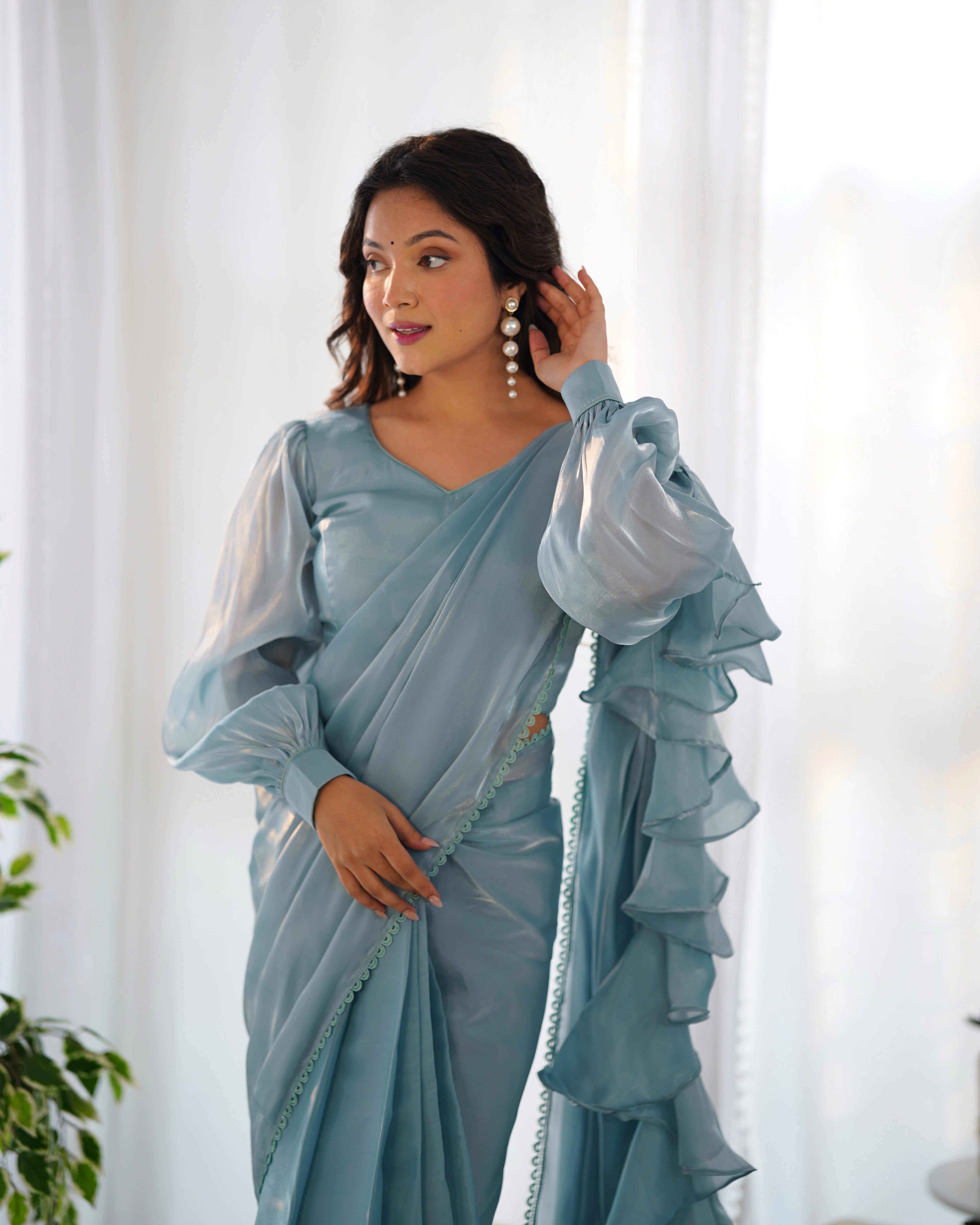 1-Minute Ready To Wear Sky Premium Quality Jimmy Choo Fabric Organza Silk Ruffle Saree With stitched Blouse.