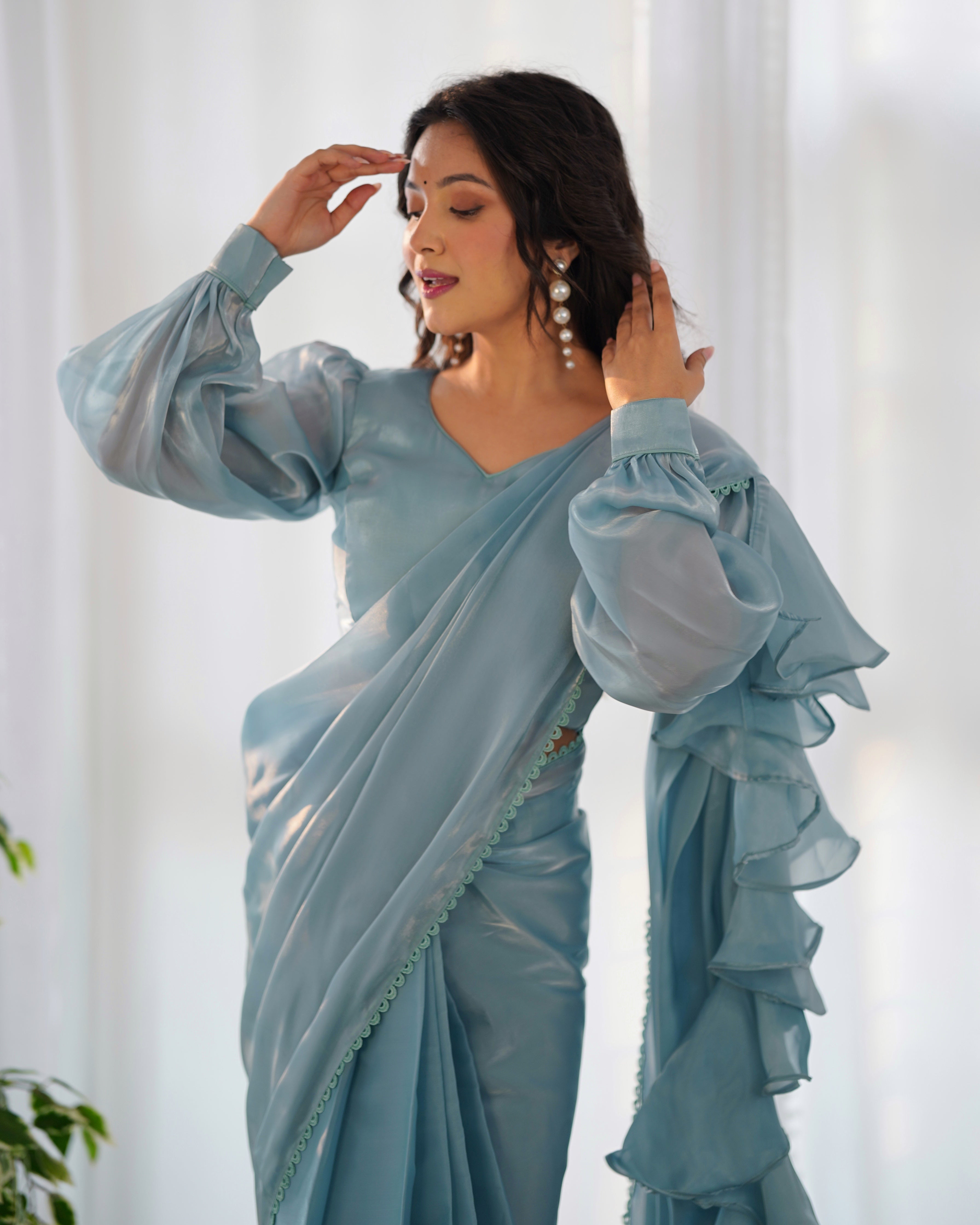 1-Minute Ready To Wear Sky Premium Quality Jimmy Choo Fabric Organza Silk Ruffle Saree With stitched Blouse.