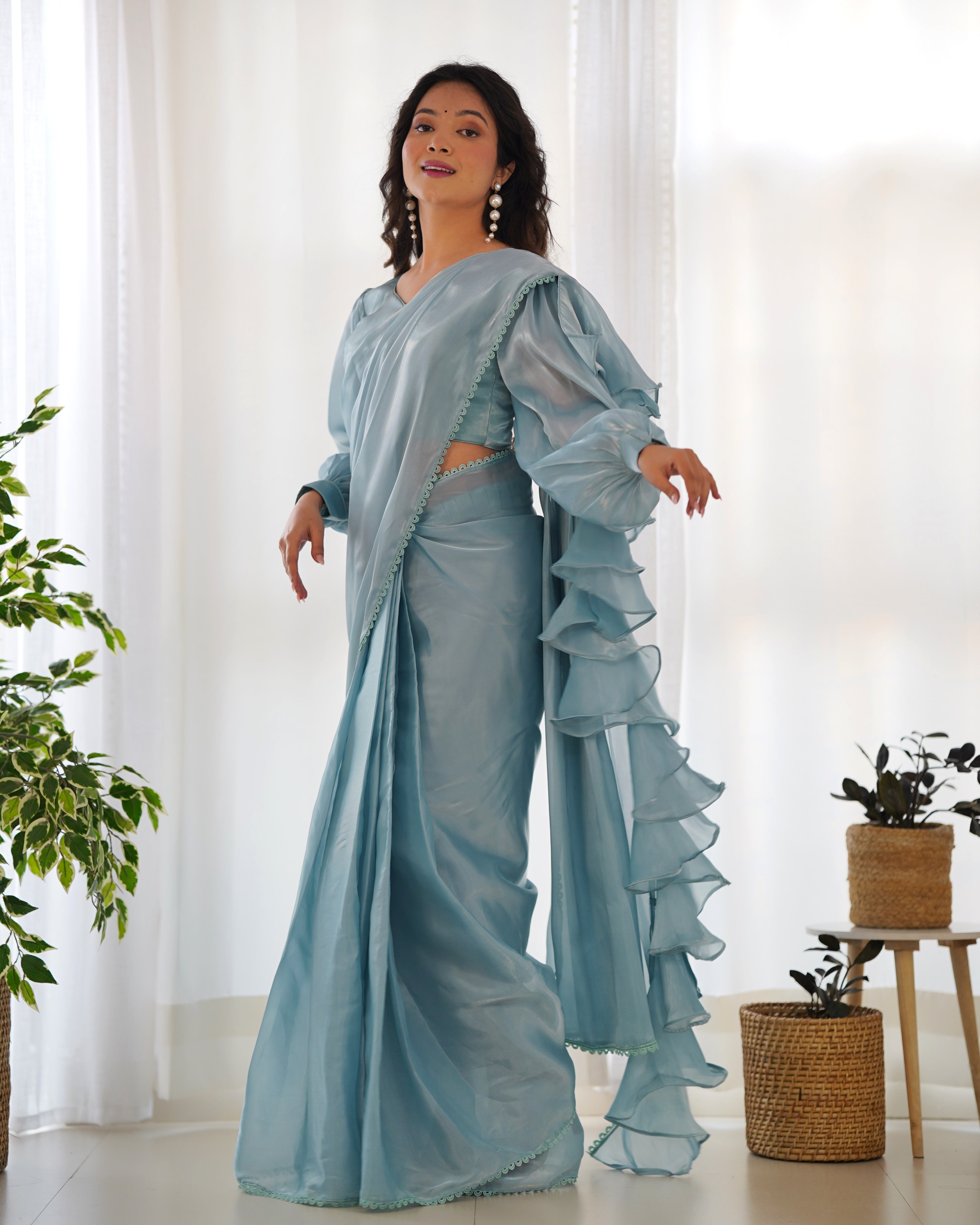 1-Minute Ready To Wear Sky Premium Quality Jimmy Choo Fabric Organza Silk Ruffle Saree With stitched Blouse.