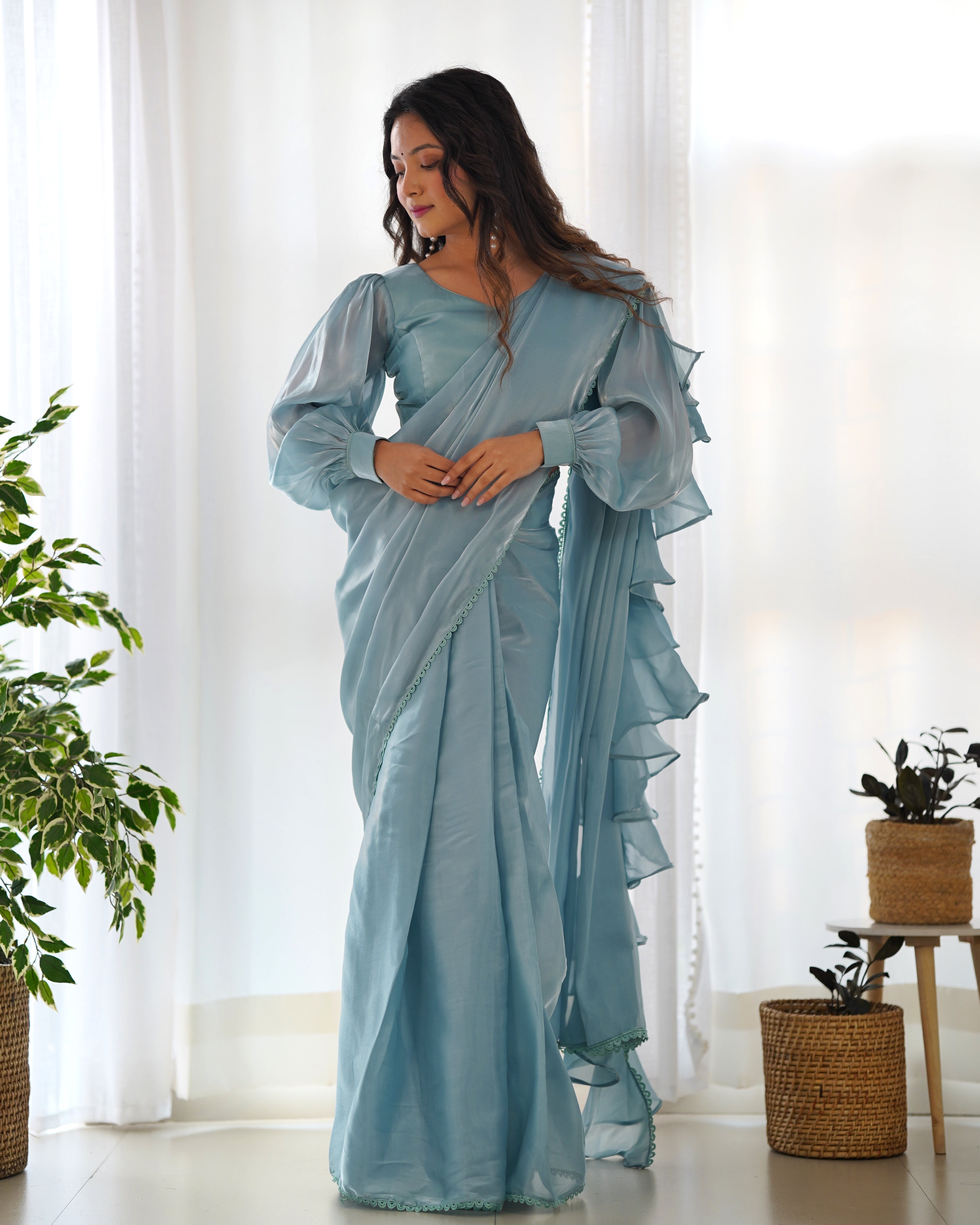 1-Minute Ready To Wear Sky Premium Quality Jimmy Choo Fabric Organza Silk Ruffle Saree With stitched Blouse.