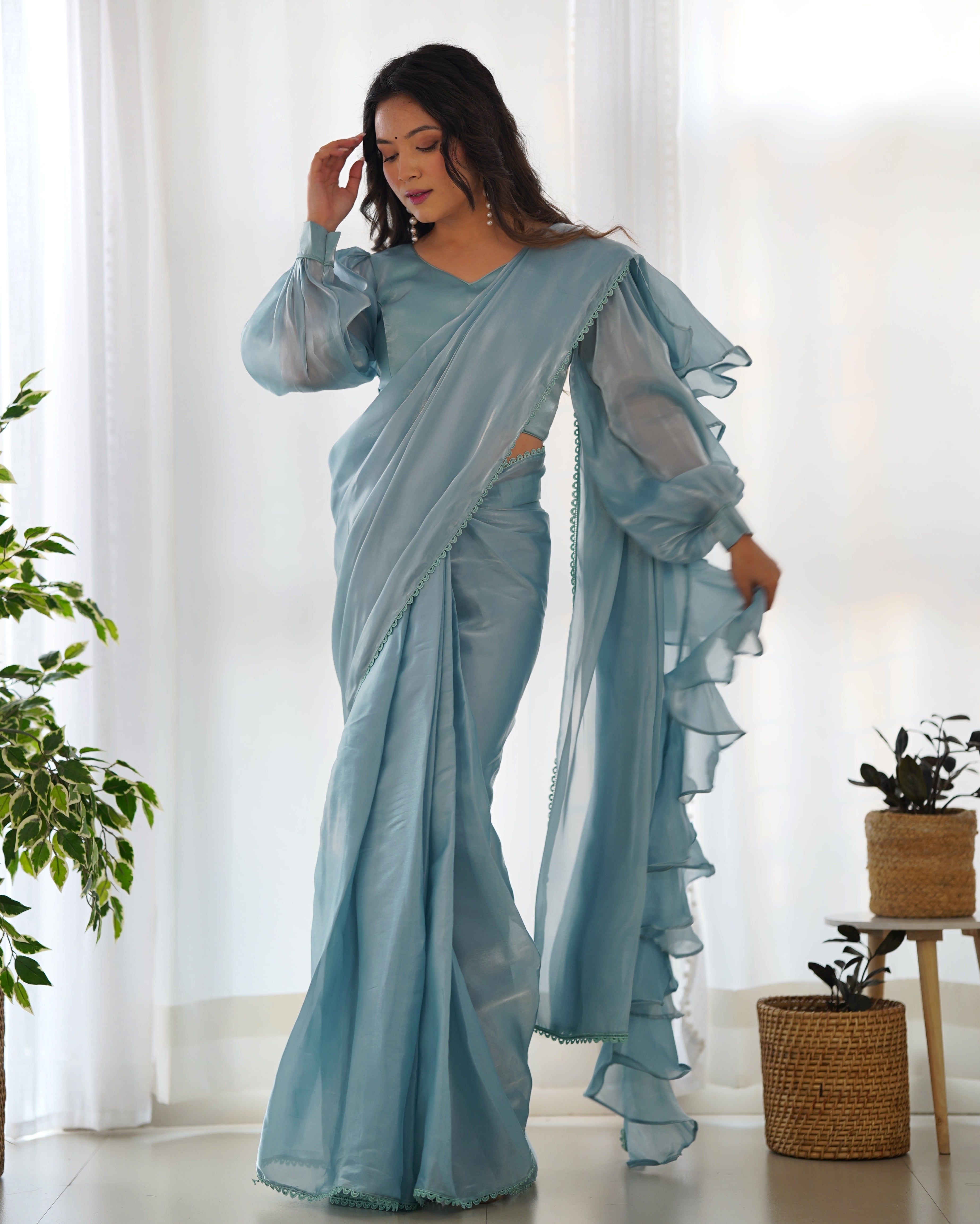 1-Minute Ready To Wear Sky Premium Quality Jimmy Choo Fabric Organza Silk Ruffle Saree With stitched Blouse.