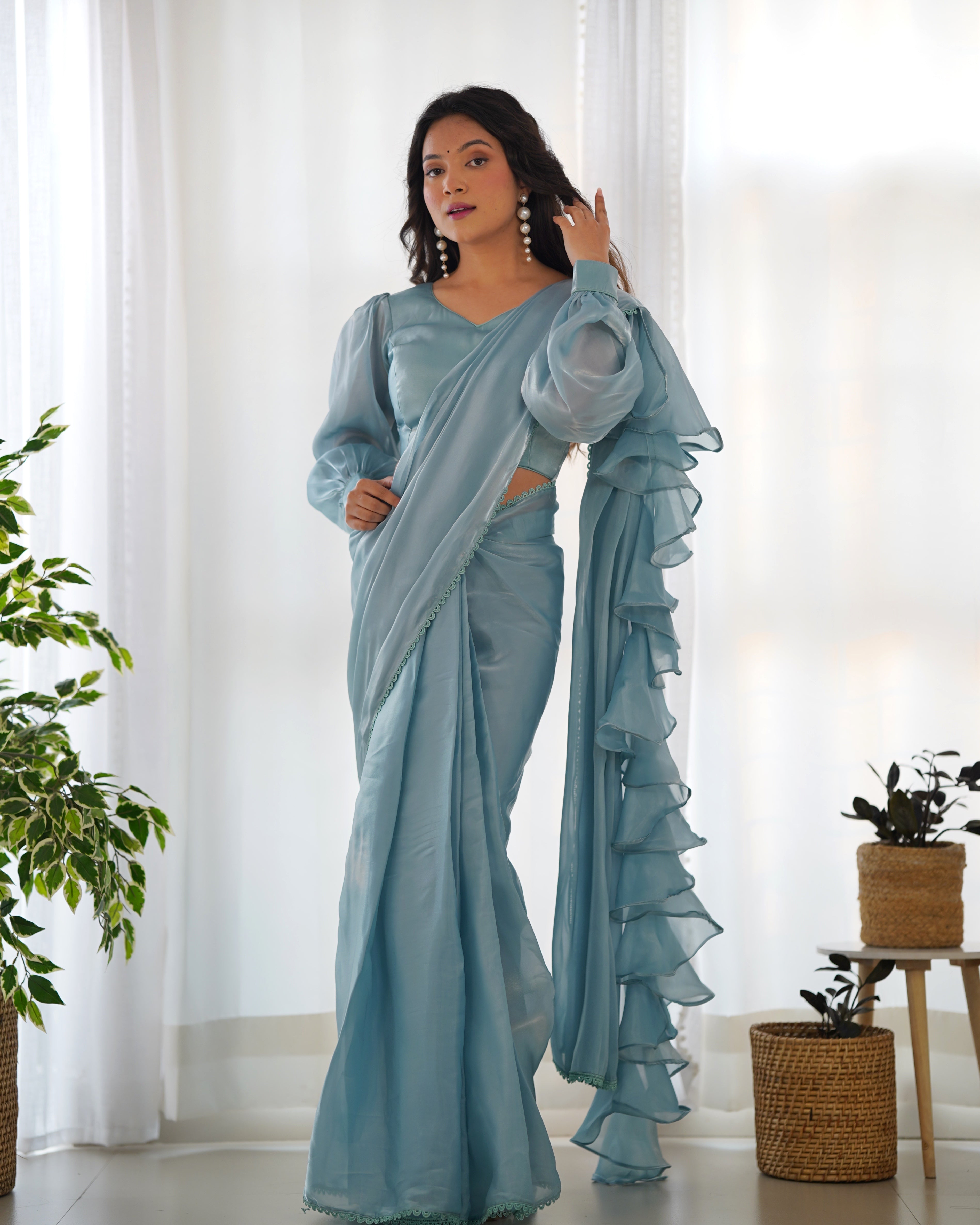 1-Minute Ready To Wear Sky Premium Quality Jimmy Choo Fabric Organza Silk Ruffle Saree With stitched Blouse.