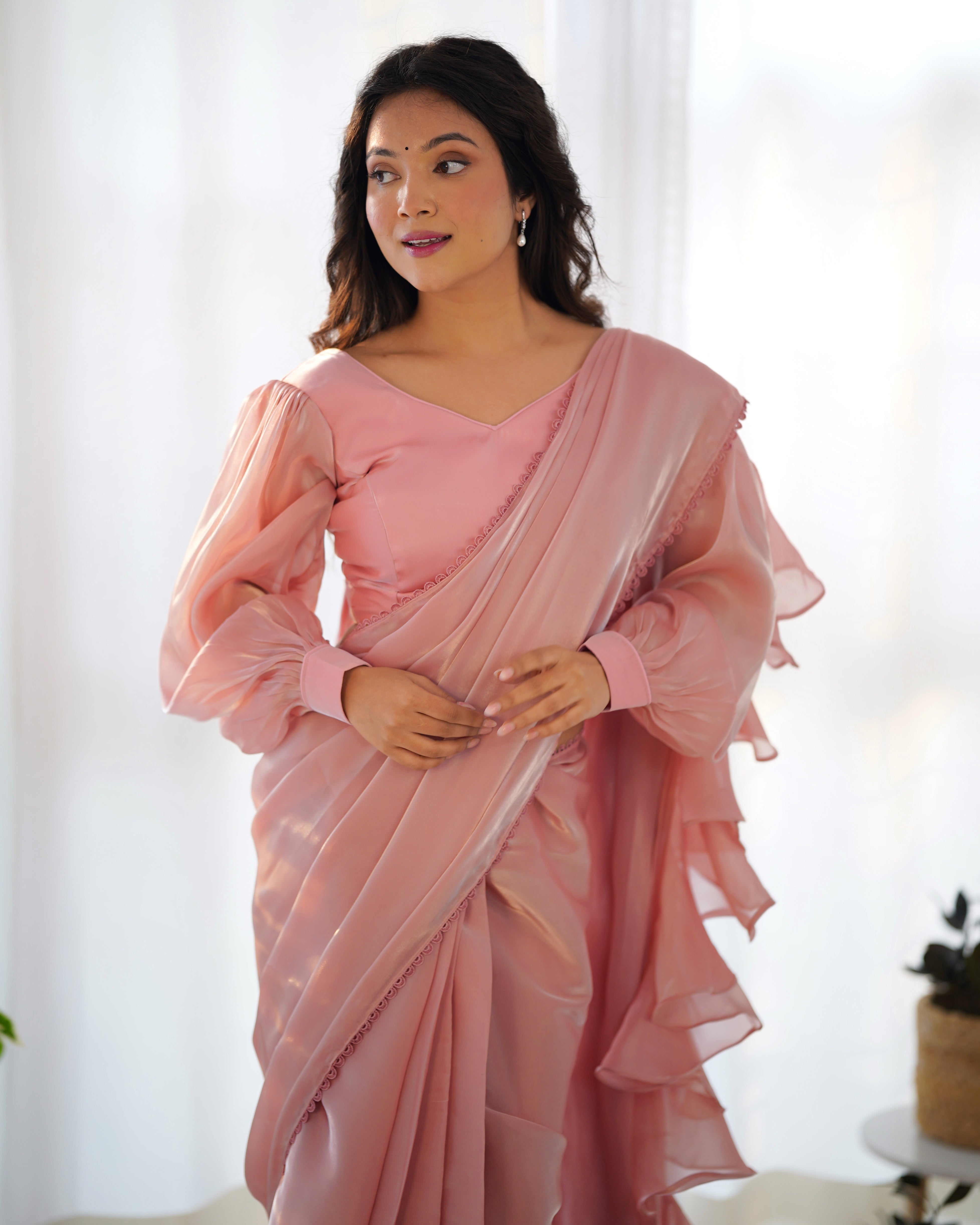 1-Minute Ready To Wear Peach Premium Quality Jimmy Choo Fabric Organza Silk Ruffle Saree With stitched Blouse.