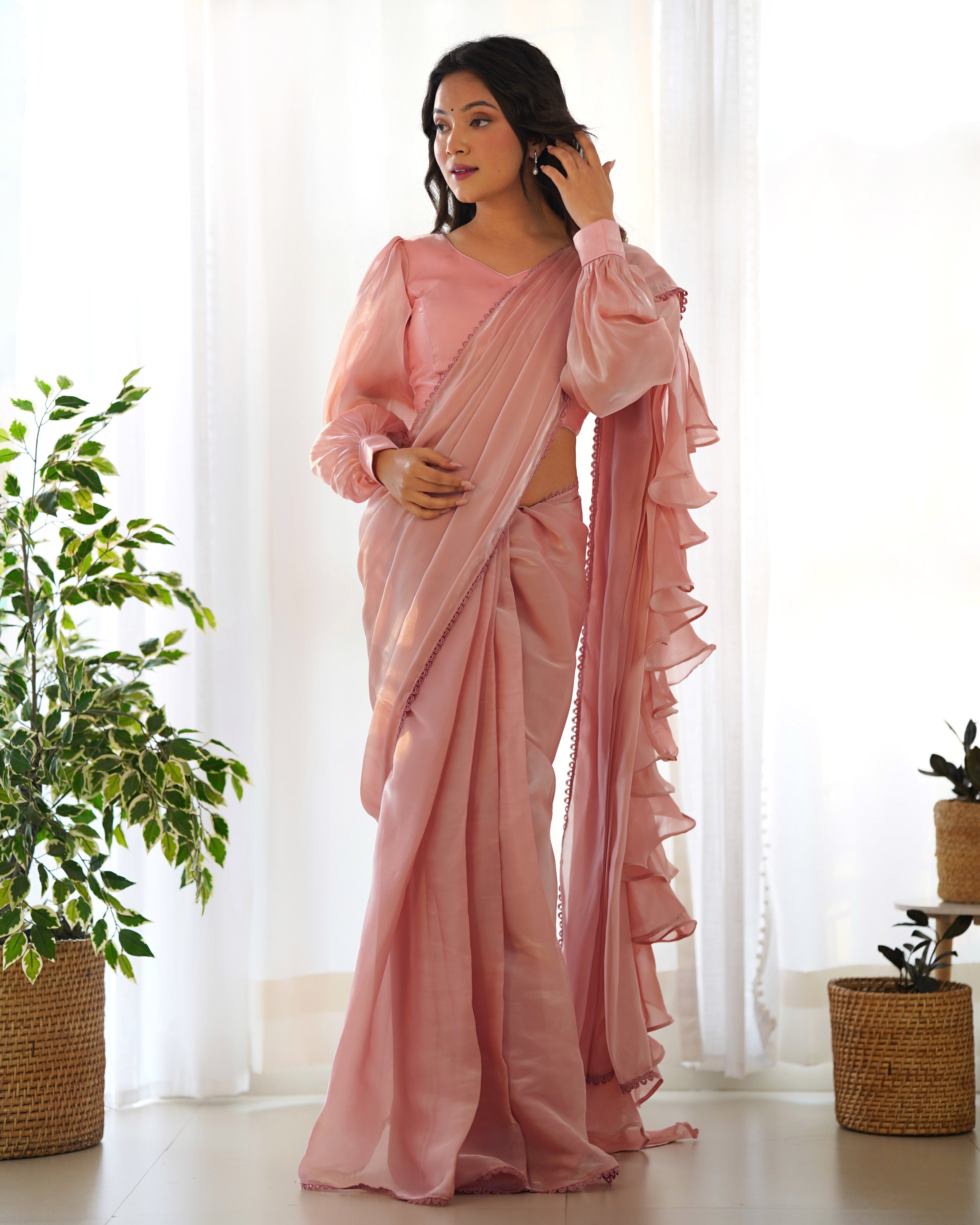 1-Minute Ready To Wear Peach Premium Quality Jimmy Choo Fabric Organza Silk Ruffle Saree With stitched Blouse.