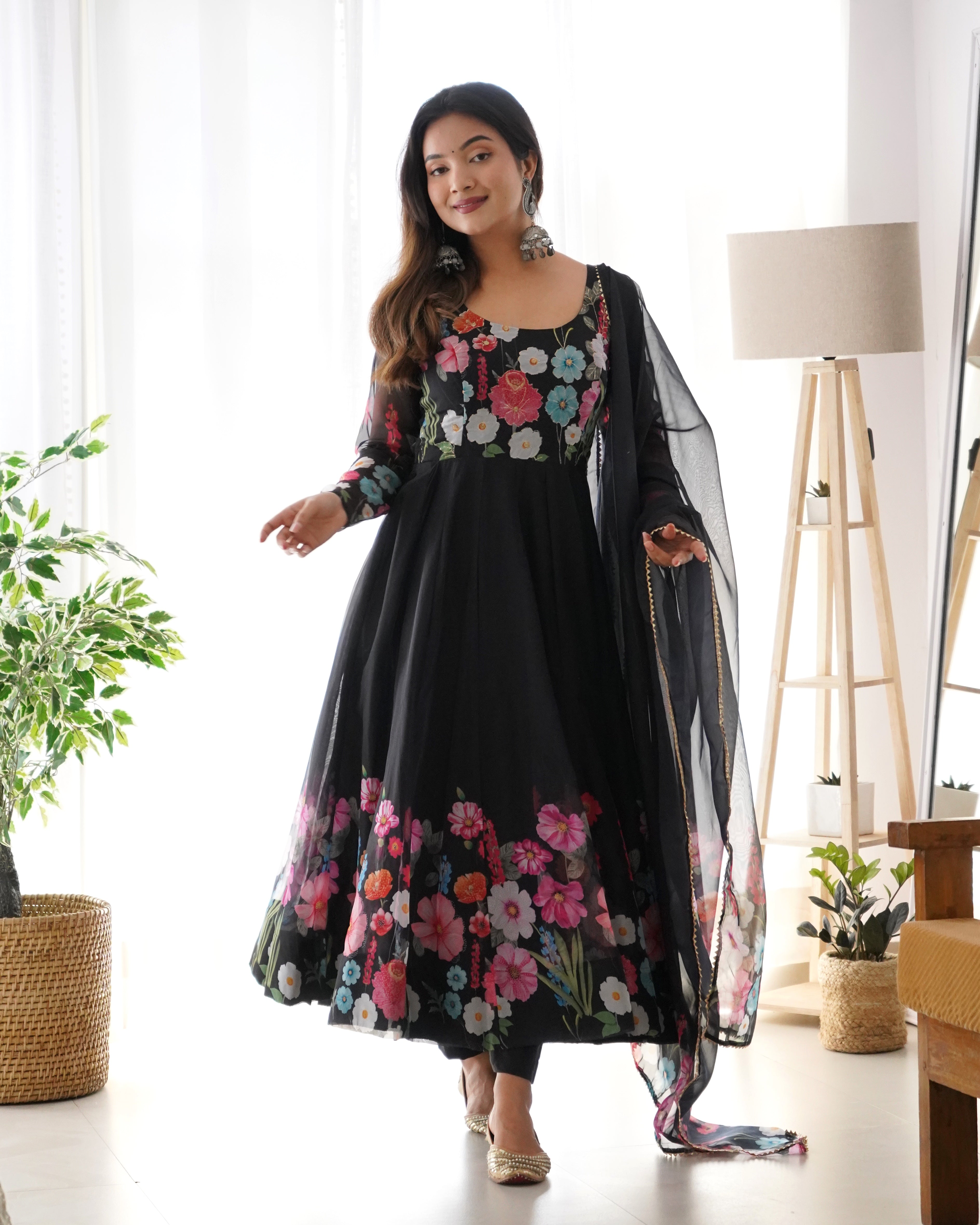 BLACK-Fully Stitched Ready To Wear Pure Soft Organza Silk Fabric Floral Print Anarkali Gown.