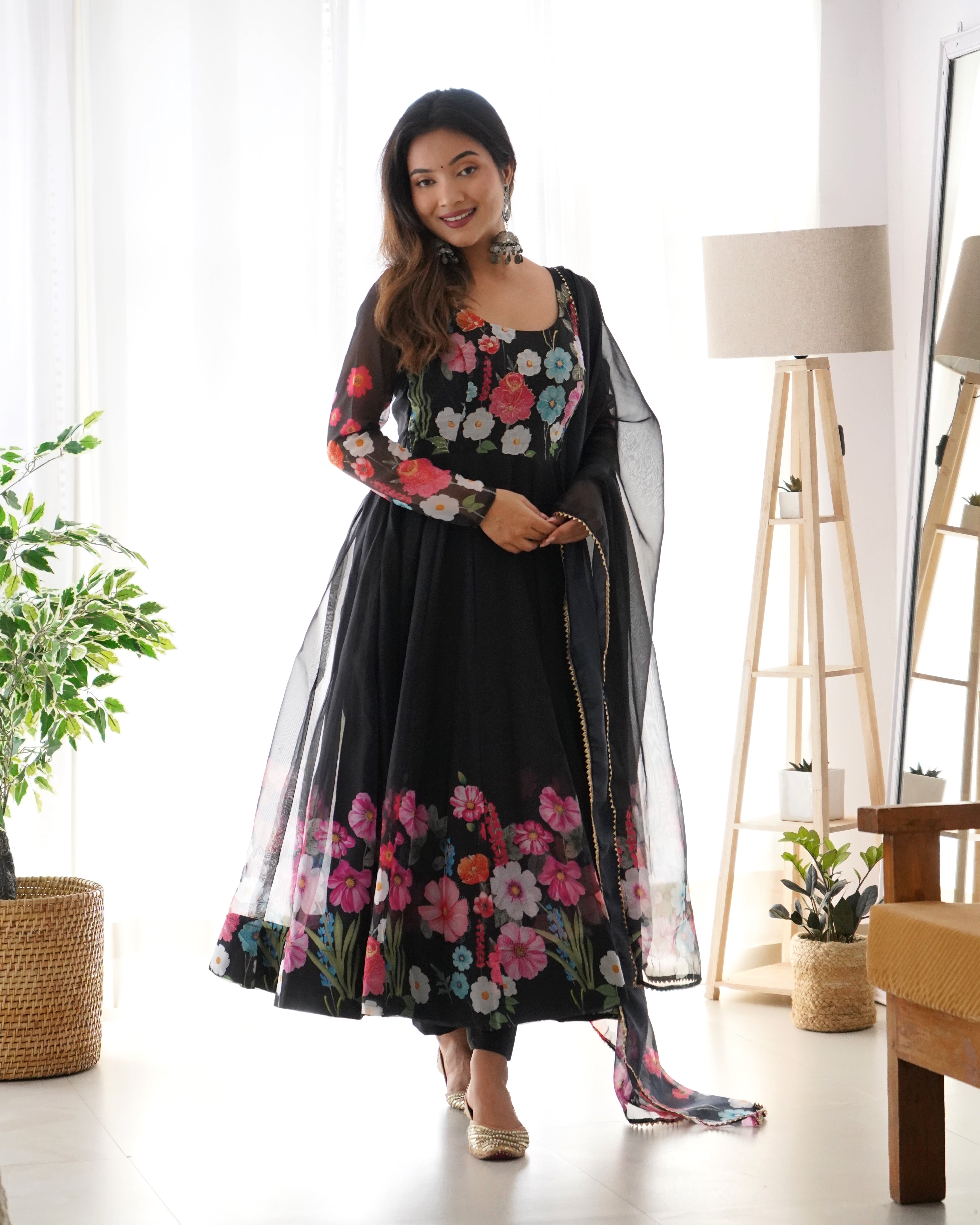 BLACK-Fully Stitched Ready To Wear Pure Soft Organza Silk Fabric Floral Print Anarkali Gown.