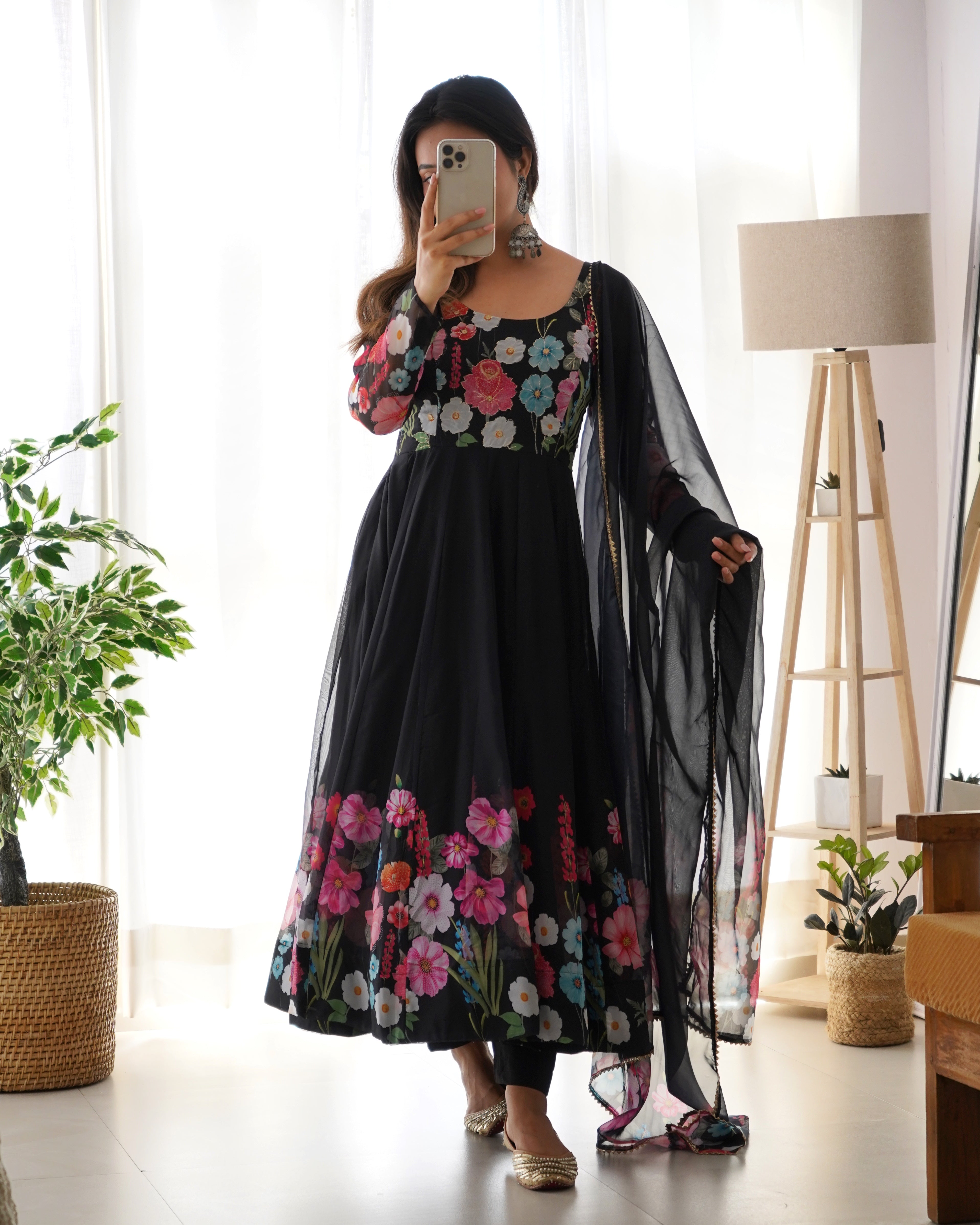 BLACK-Fully Stitched Ready To Wear Pure Soft Organza Silk Fabric Floral Print Anarkali Gown.