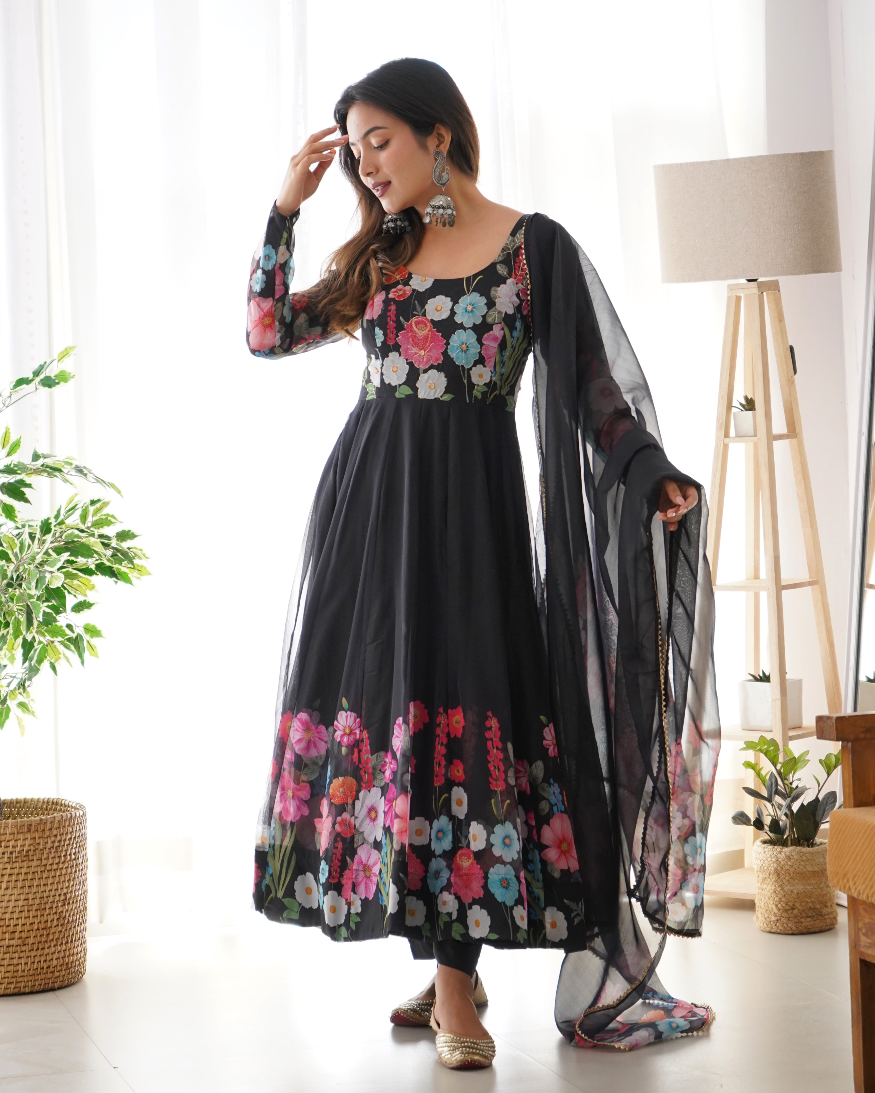 BLACK-Fully Stitched Ready To Wear Pure Soft Organza Silk Fabric Floral Print Anarkali Gown.