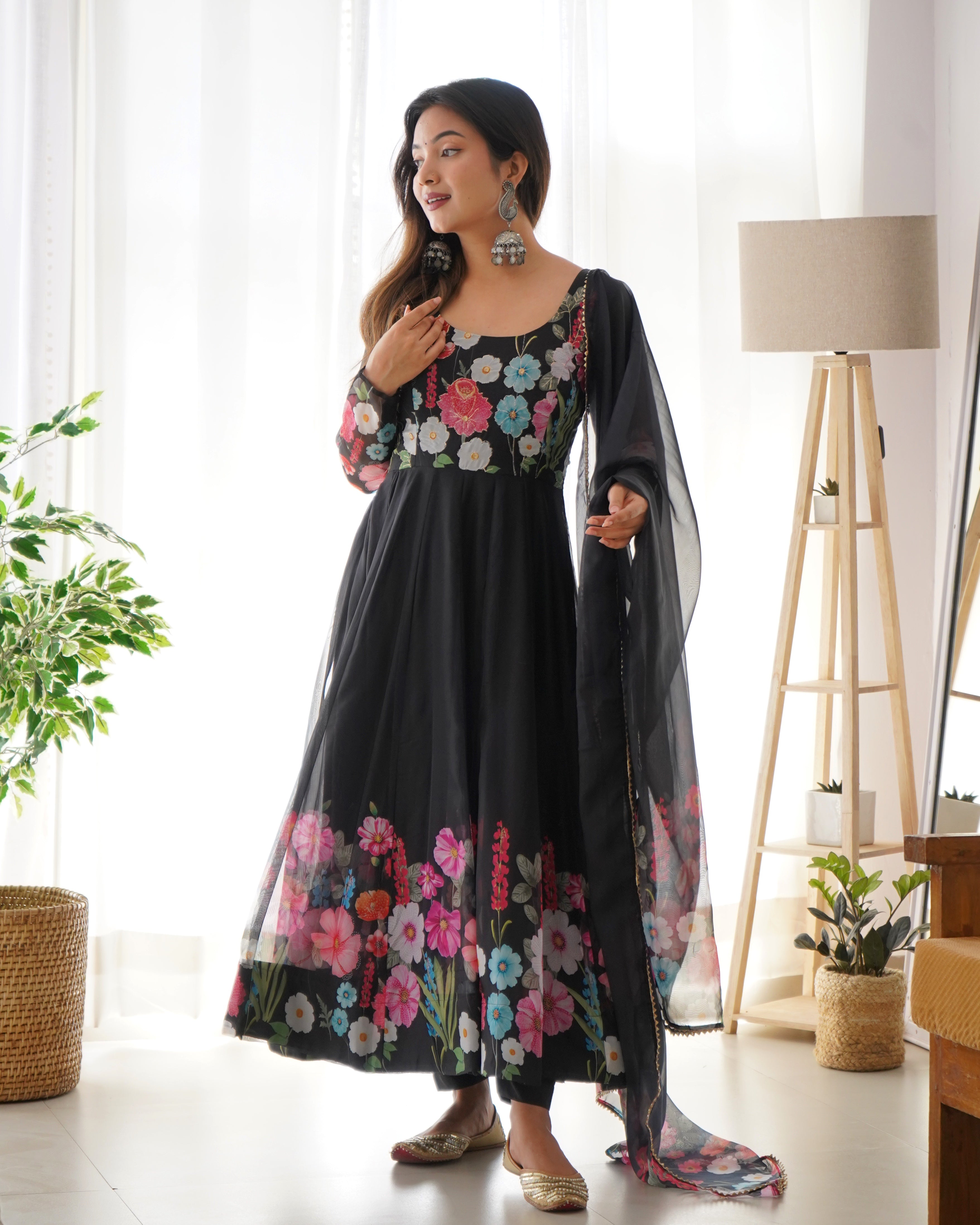 BLACK-Fully Stitched Ready To Wear Pure Soft Organza Silk Fabric Floral Print Anarkali Gown.