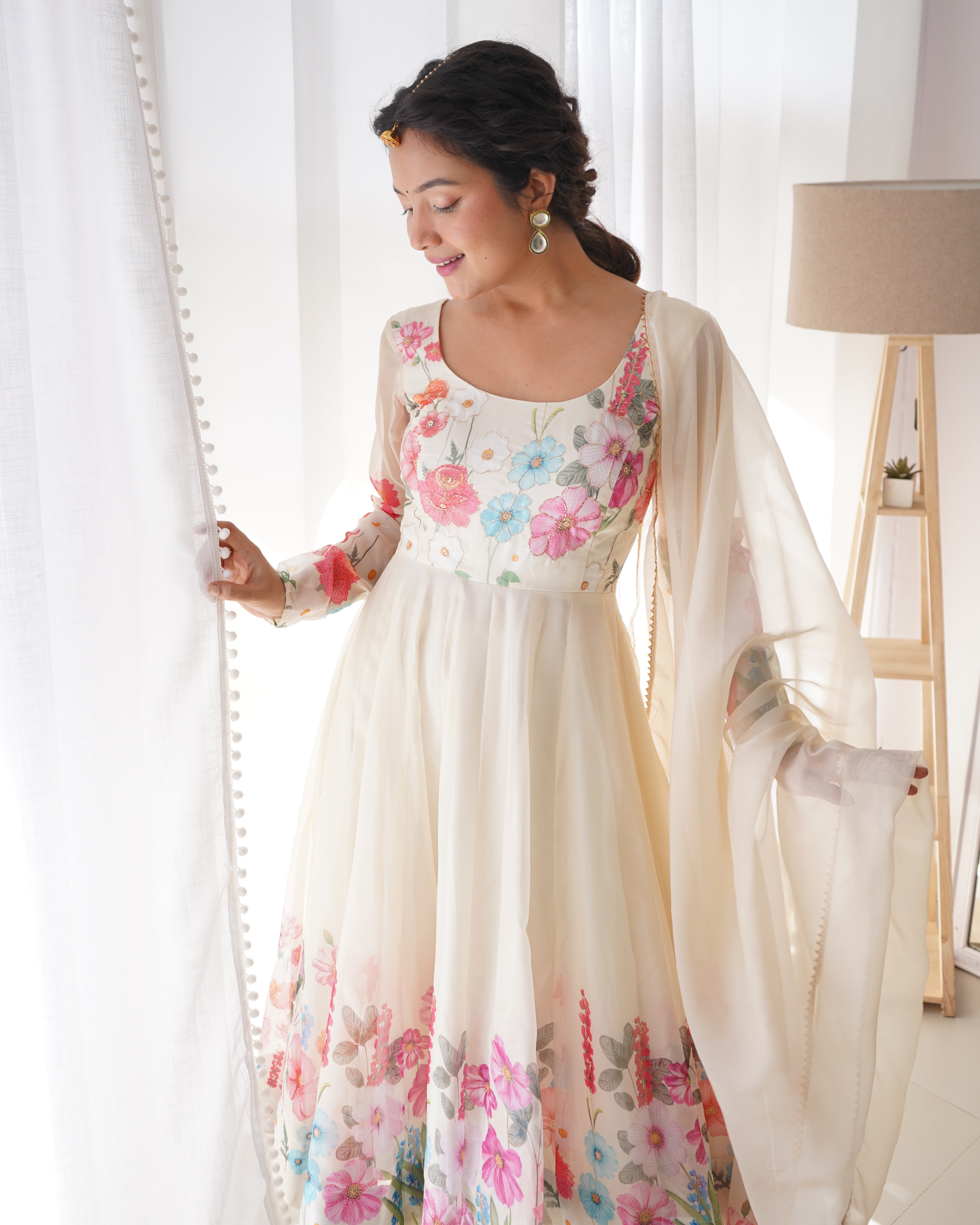 CREAM-Fully Stitched Ready To Wear Pure Soft Organza Silk Fabric Floral Print Anarkali Gown.