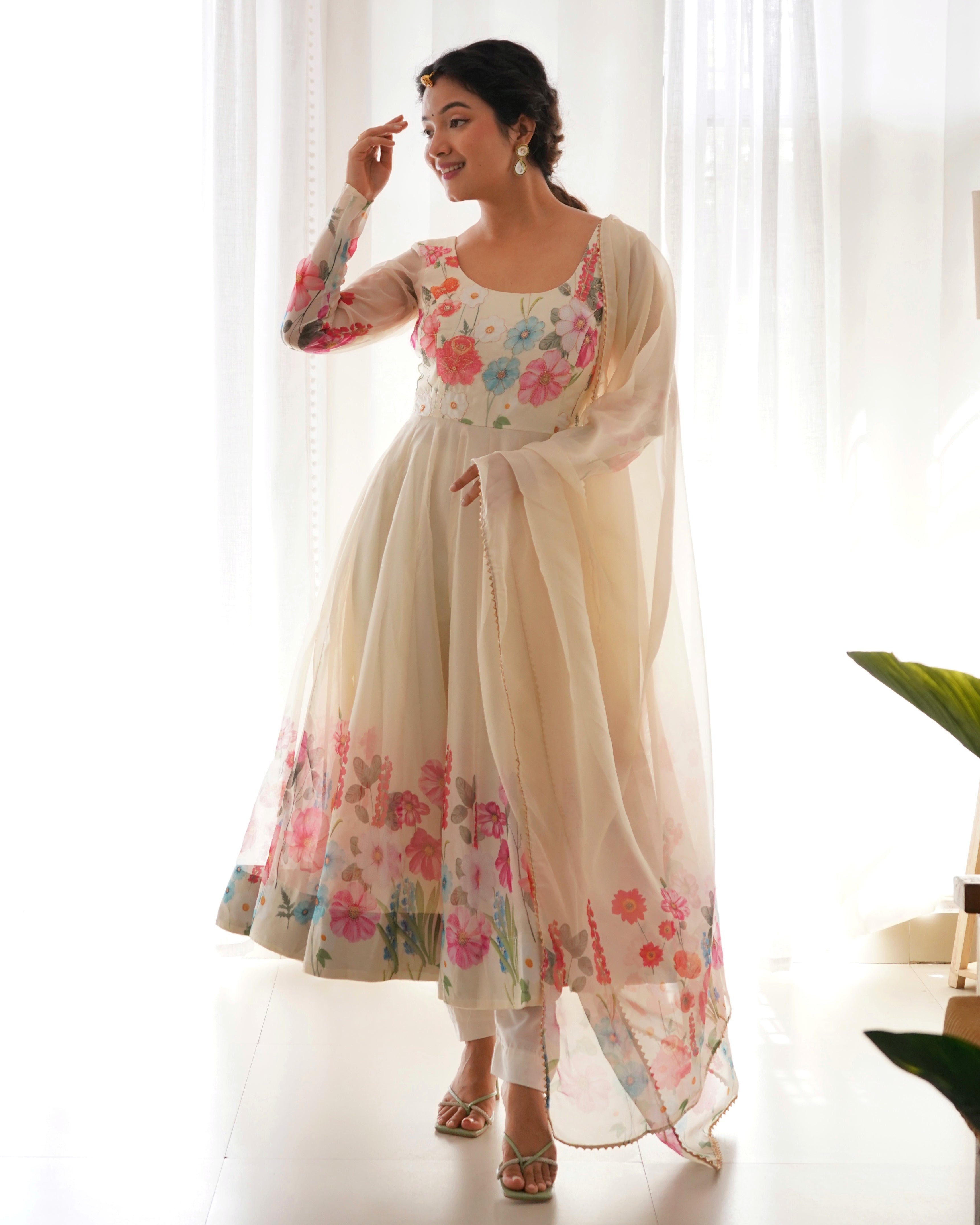 CREAM-Fully Stitched Ready To Wear Pure Soft Organza Silk Fabric Floral Print Anarkali Gown.