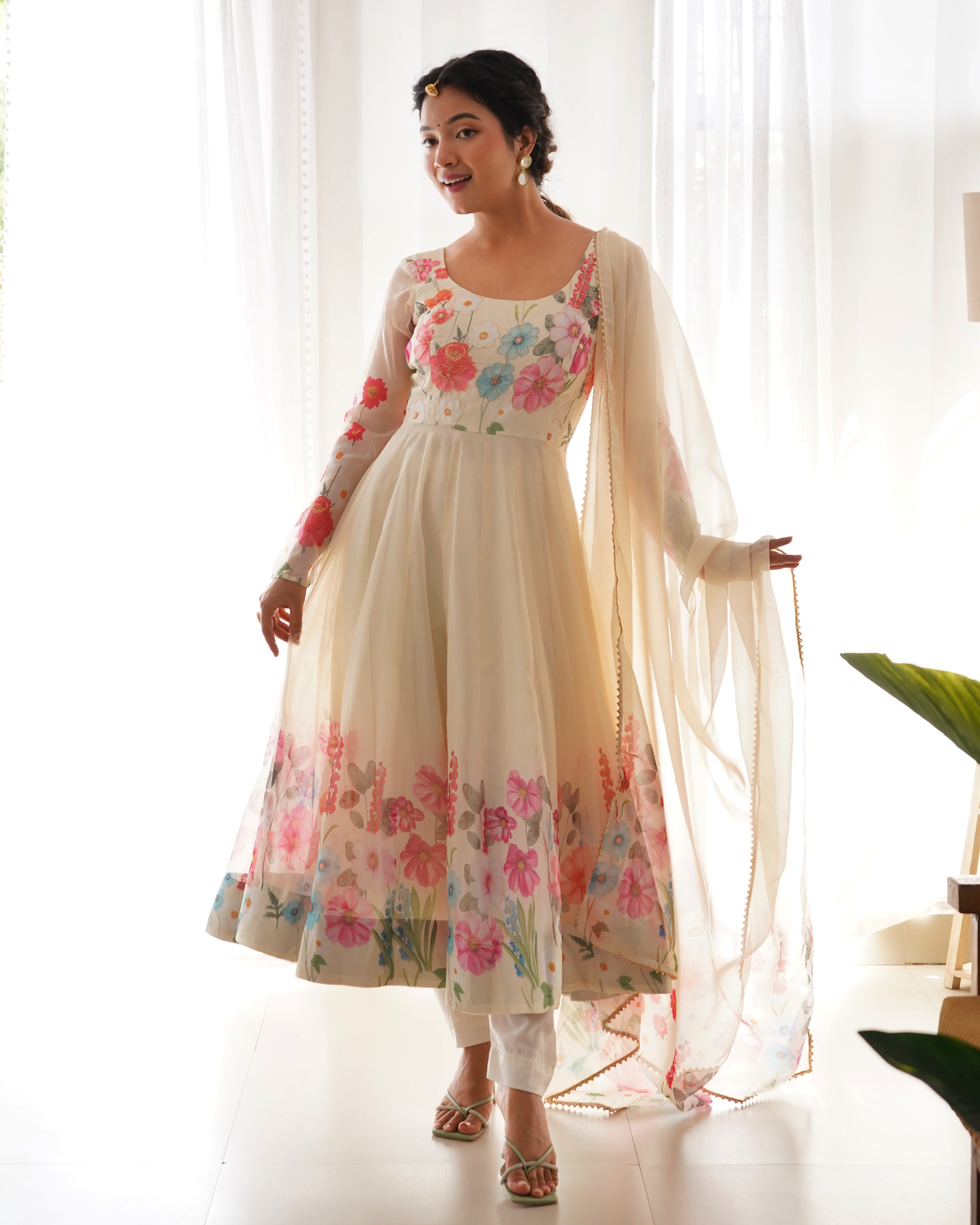 CREAM-Fully Stitched Ready To Wear Pure Soft Organza Silk Fabric Floral Print Anarkali Gown.