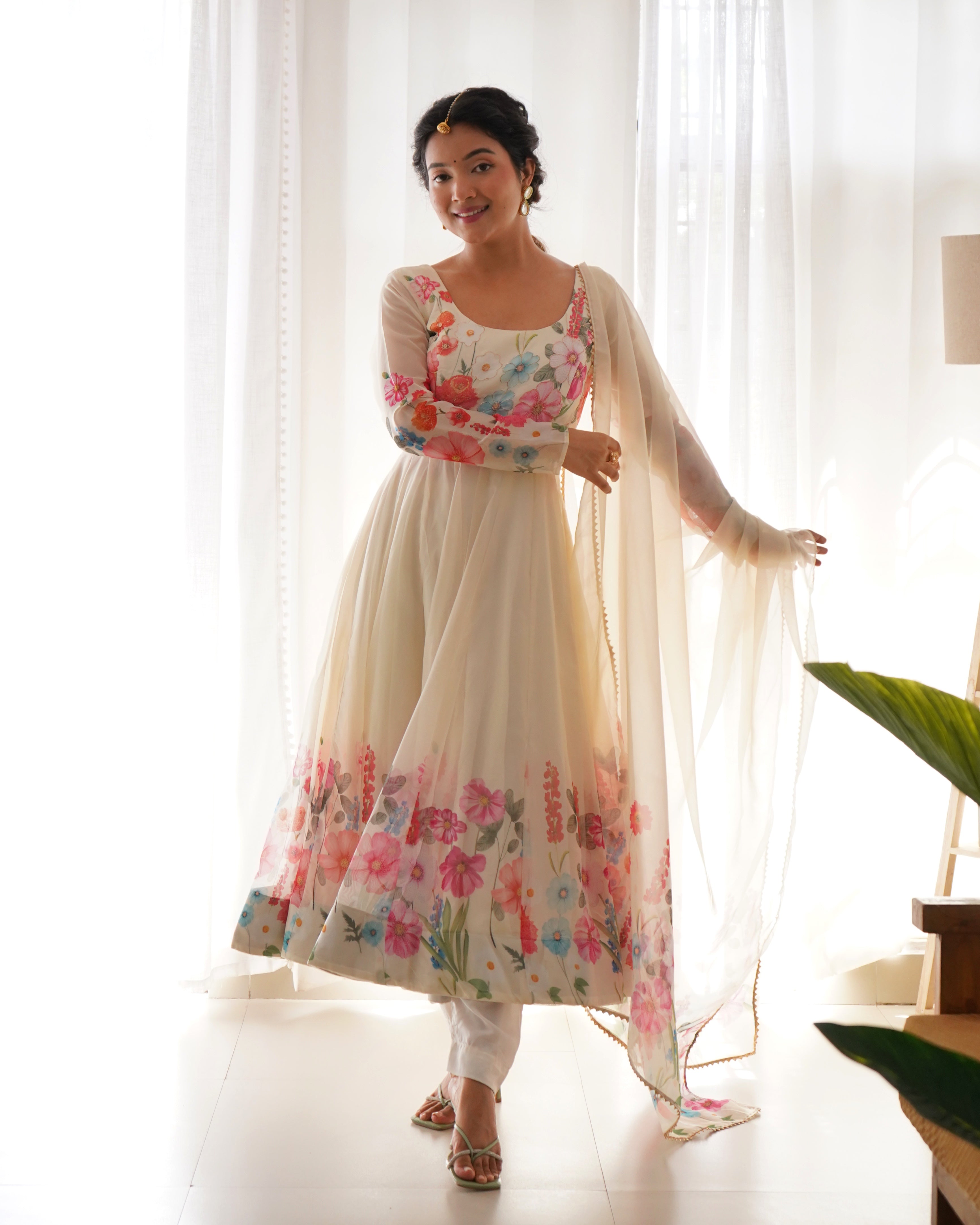 CREAM-Fully Stitched Ready To Wear Pure Soft Organza Silk Fabric Floral Print Anarkali Gown.