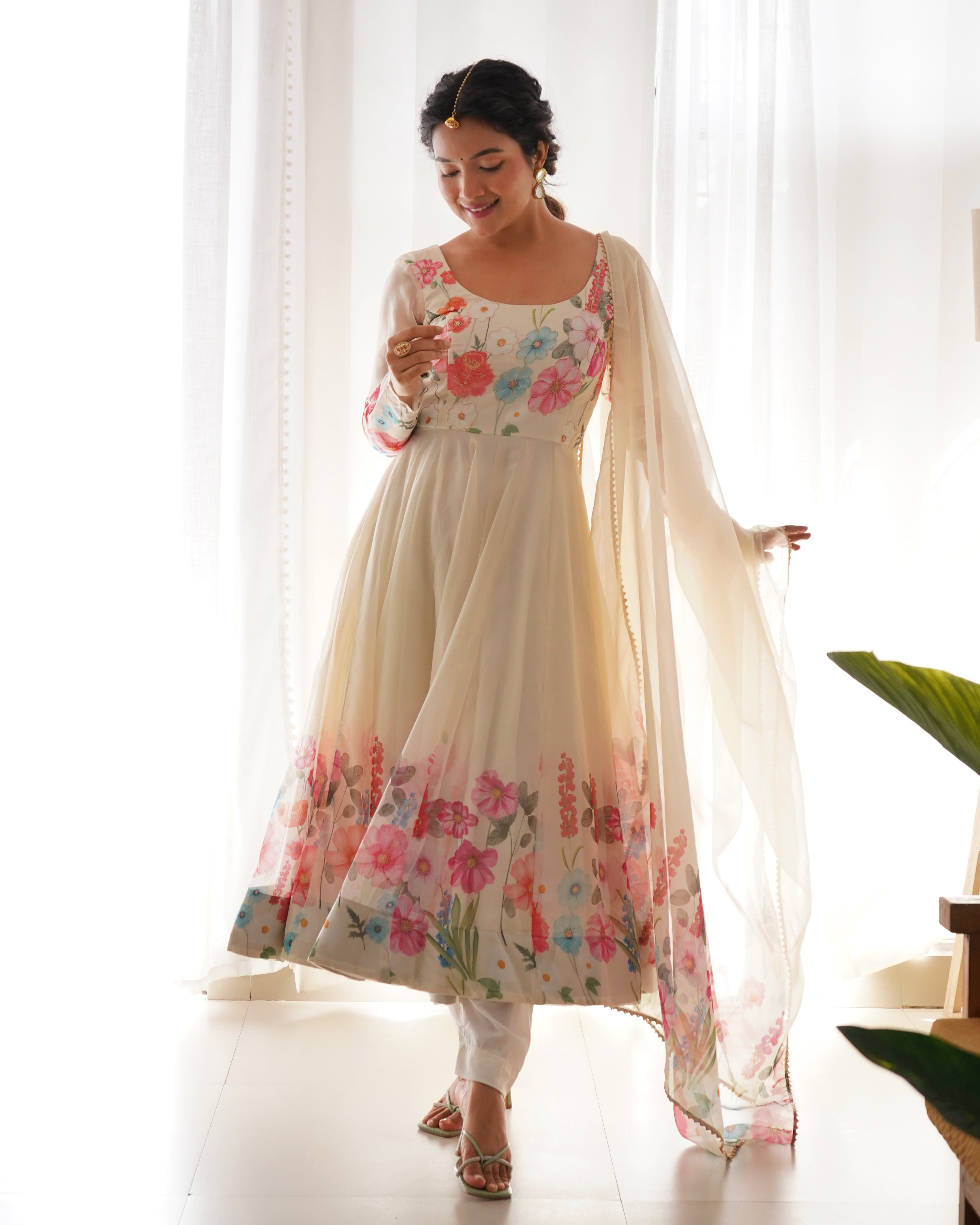 CREAM-Fully Stitched Ready To Wear Pure Soft Organza Silk Fabric Floral Print Anarkali Gown.