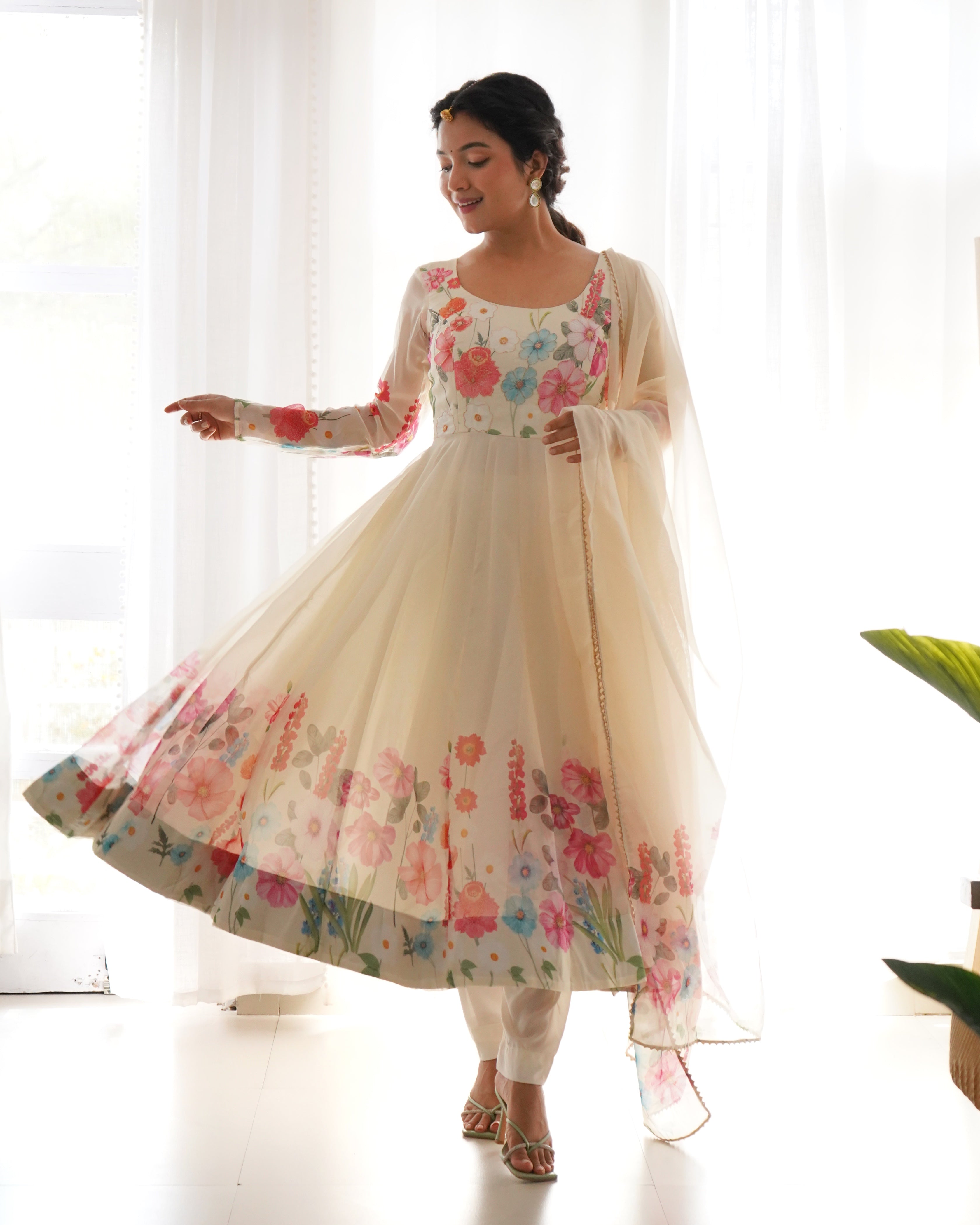 CREAM-Fully Stitched Ready To Wear Pure Soft Organza Silk Fabric Floral Print Anarkali Gown.