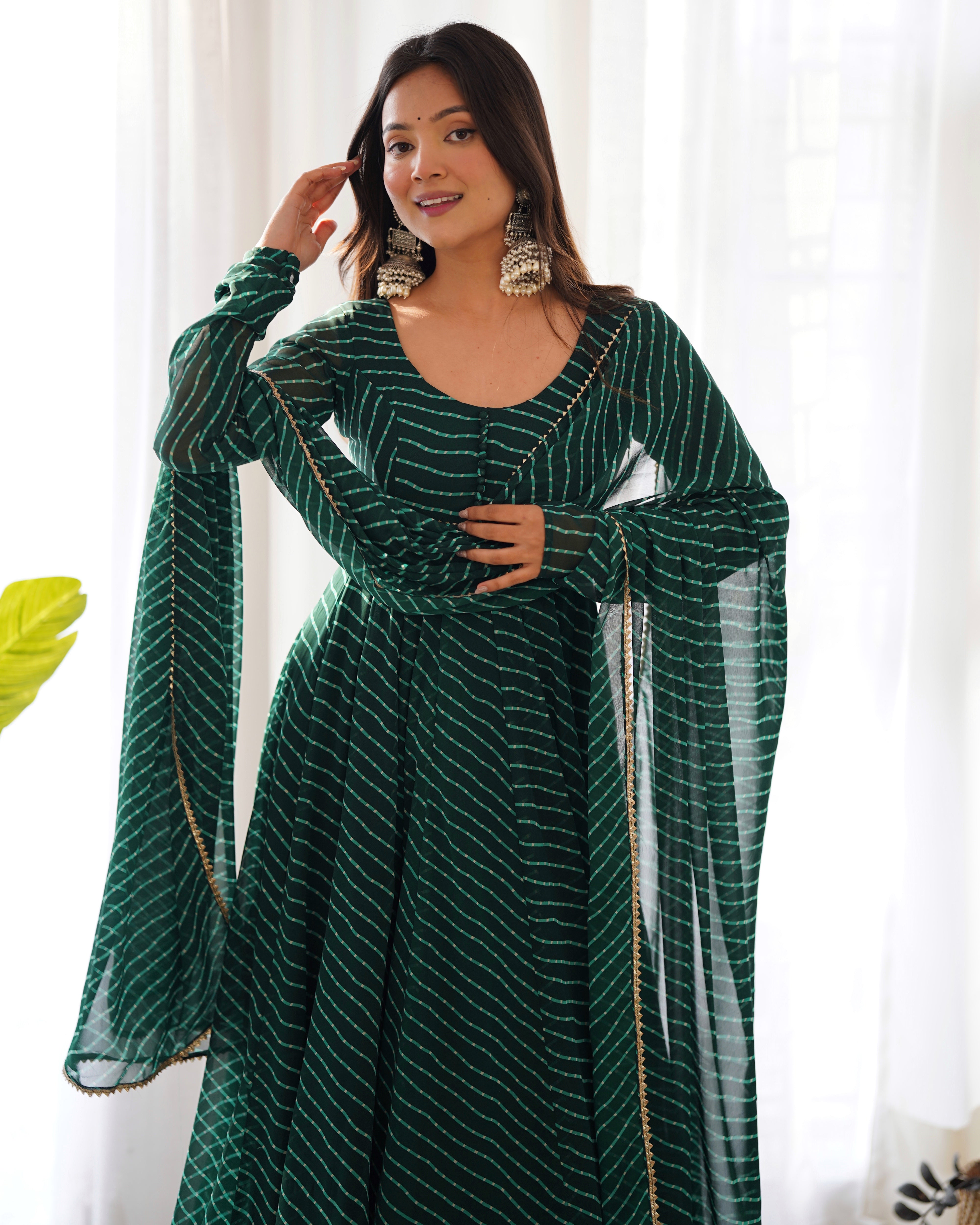 BOTTLEGREEN-Fully Stitched Ready To Wear Pure Soft Fox Georgette Laheriya Print Fabric Fully Flair Anarkali Gown Set.