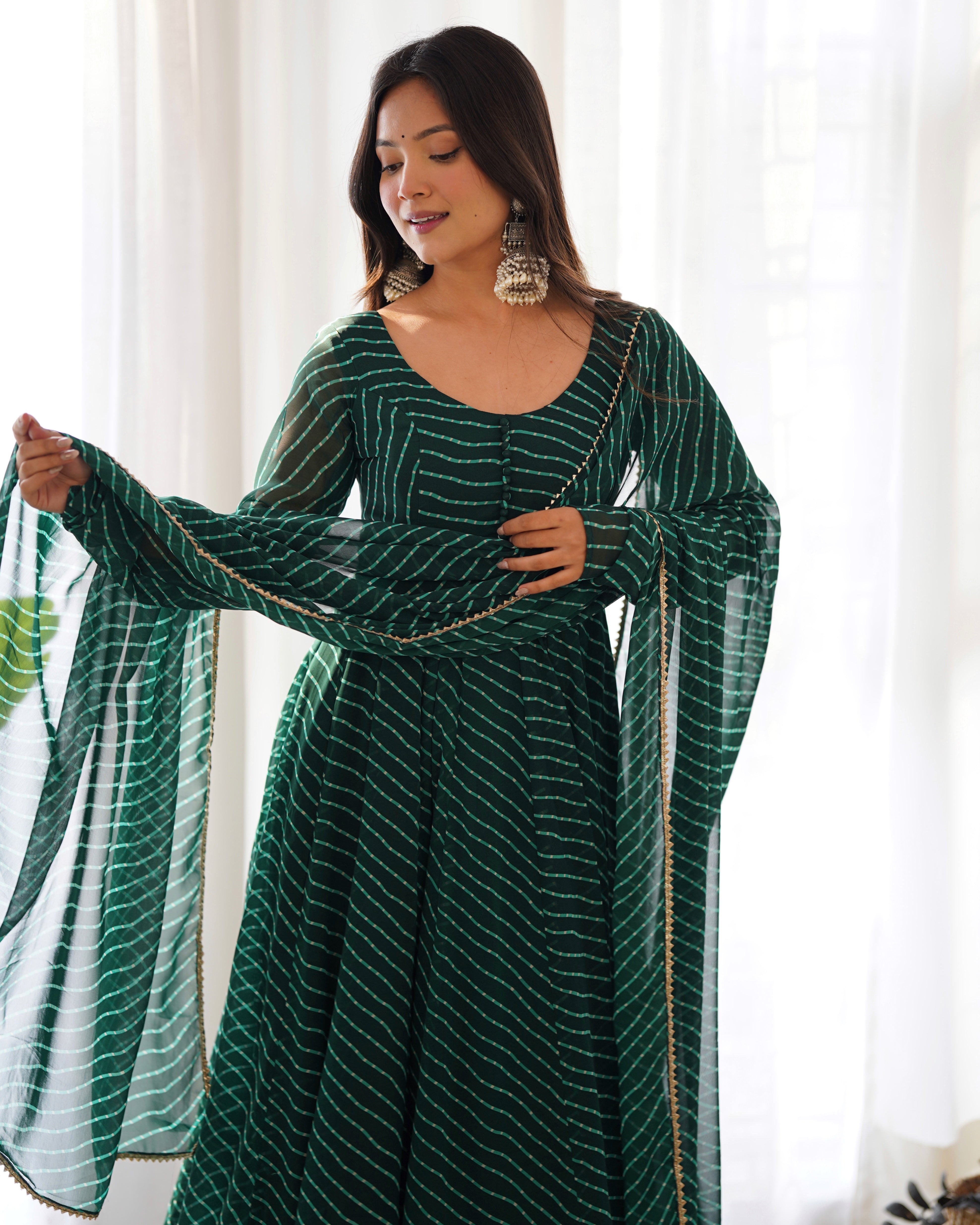 BOTTLEGREEN-Fully Stitched Ready To Wear Pure Soft Fox Georgette Laheriya Print Fabric Fully Flair Anarkali Gown Set.