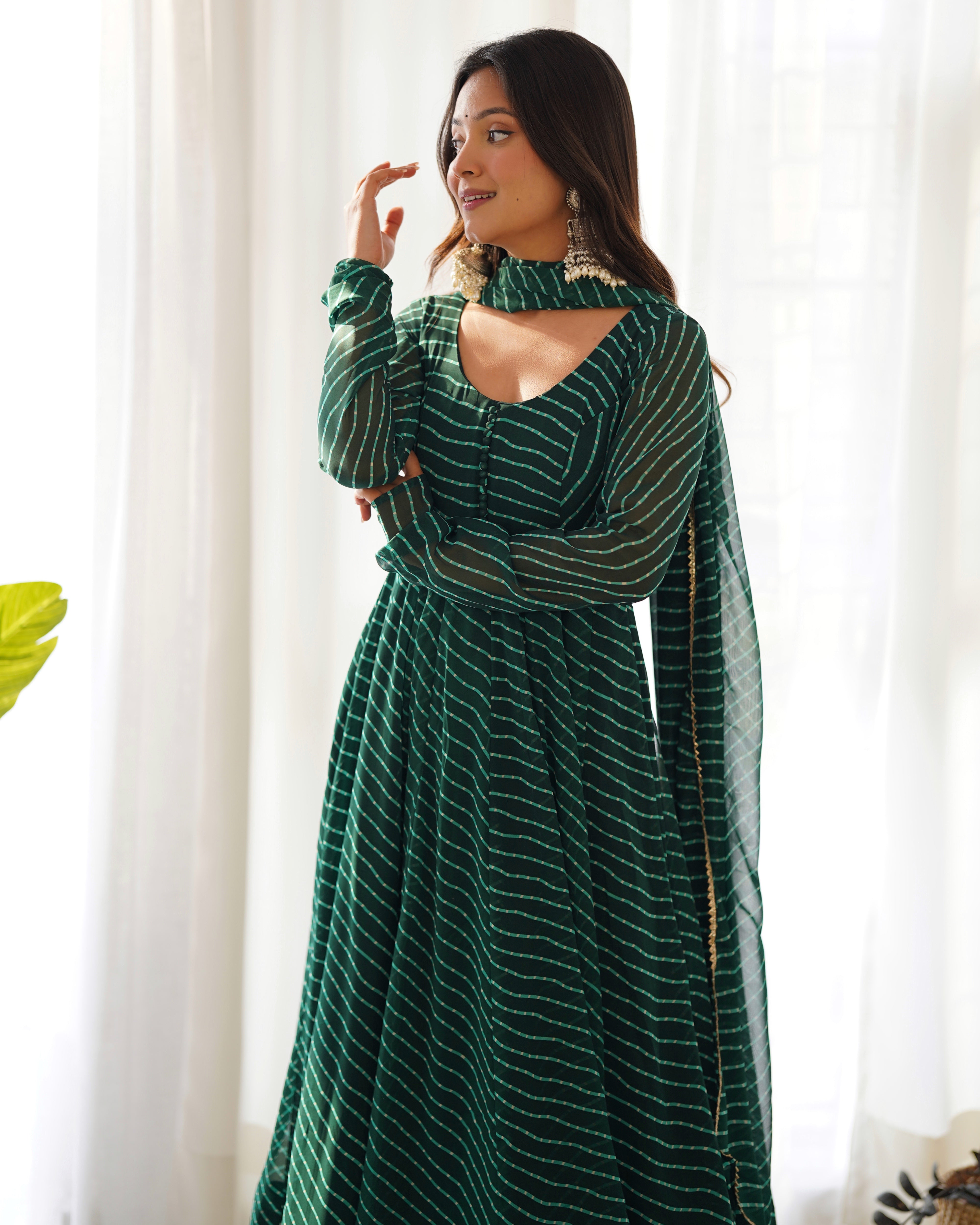 BOTTLEGREEN-Fully Stitched Ready To Wear Pure Soft Fox Georgette Laheriya Print Fabric Fully Flair Anarkali Gown Set.