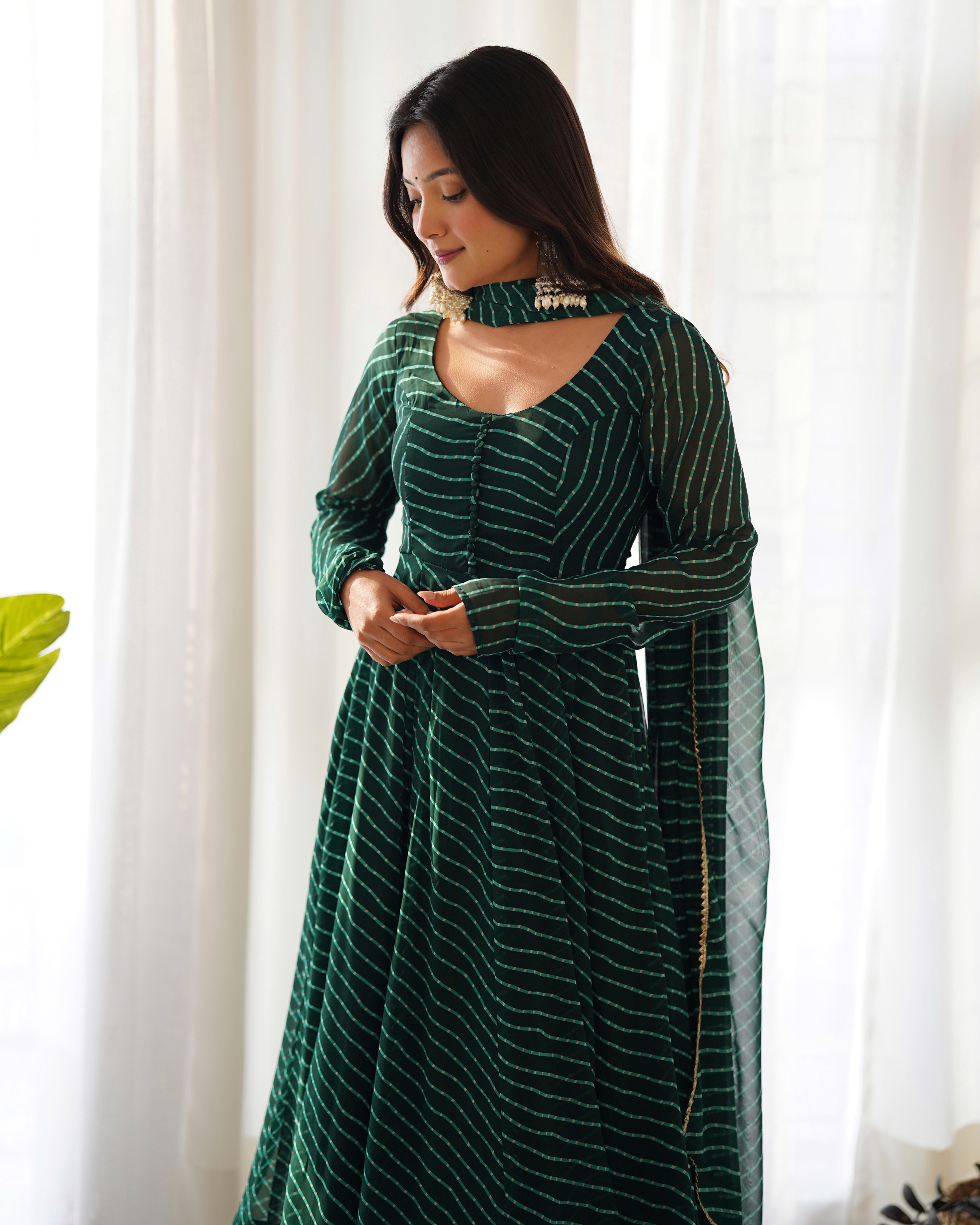 BOTTLEGREEN-Fully Stitched Ready To Wear Pure Soft Fox Georgette Laheriya Print Fabric Fully Flair Anarkali Gown Set.