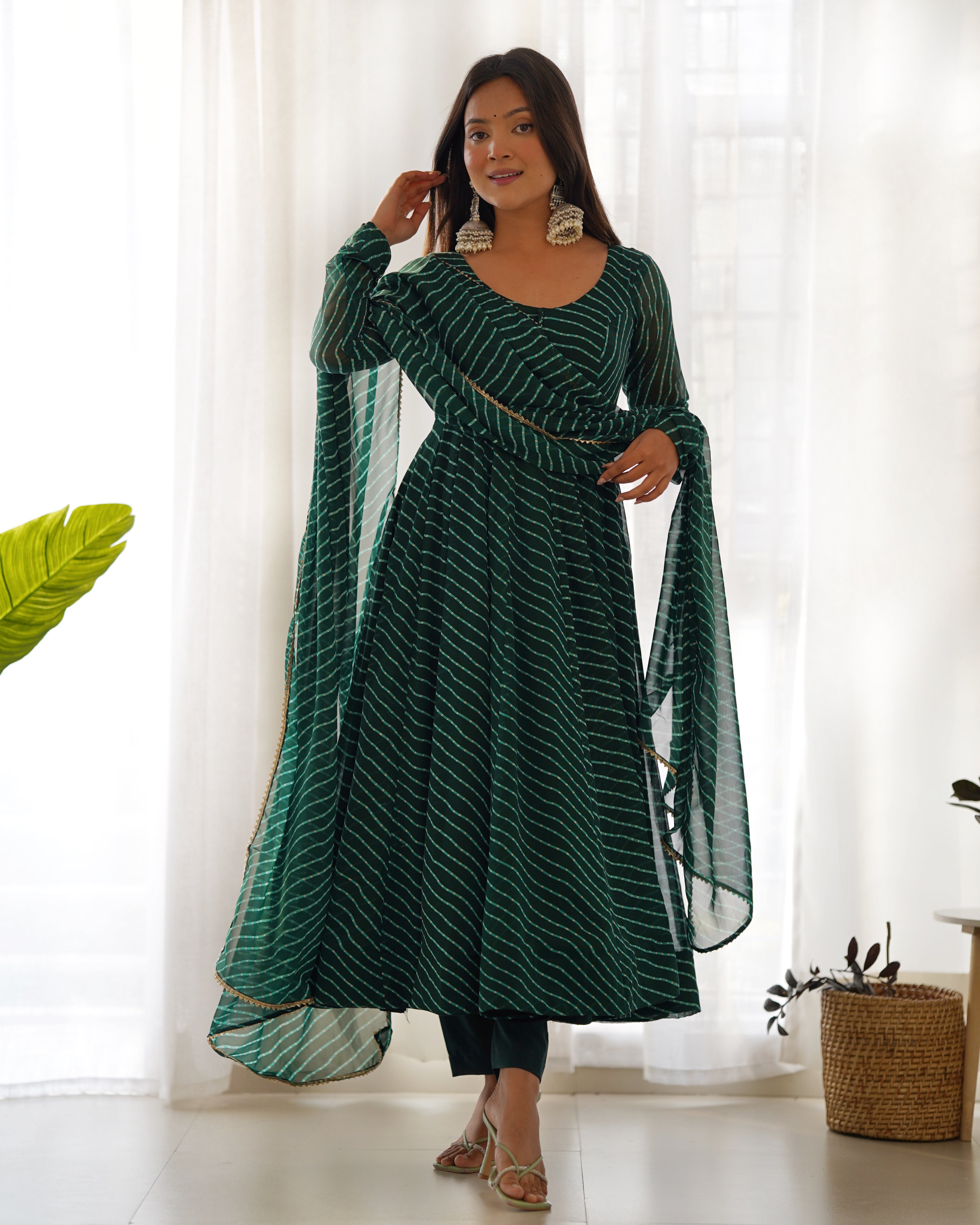 BOTTLEGREEN-Fully Stitched Ready To Wear Pure Soft Fox Georgette Laheriya Print Fabric Fully Flair Anarkali Gown Set.