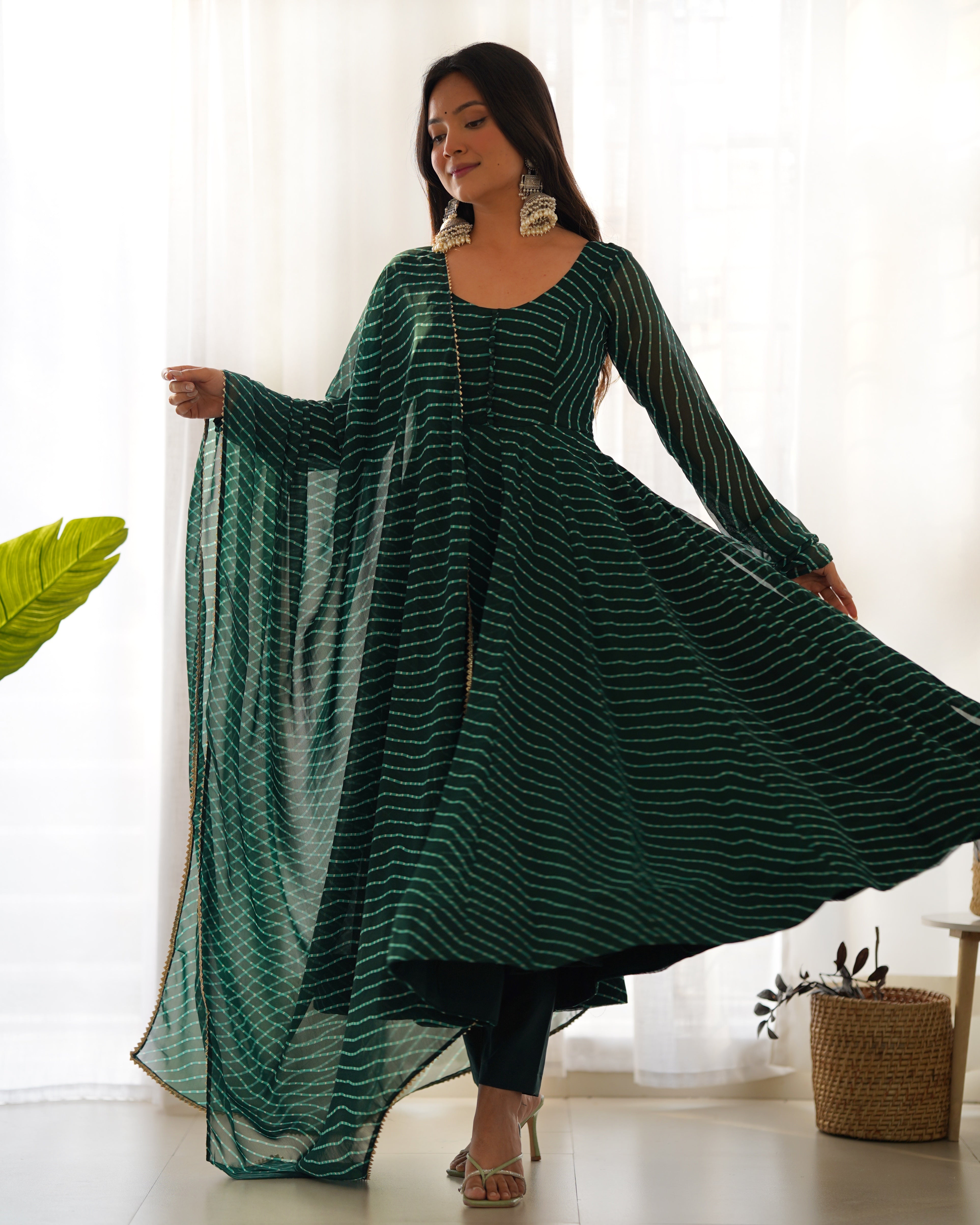 BOTTLEGREEN-Fully Stitched Ready To Wear Pure Soft Fox Georgette Laheriya Print Fabric Fully Flair Anarkali Gown Set.